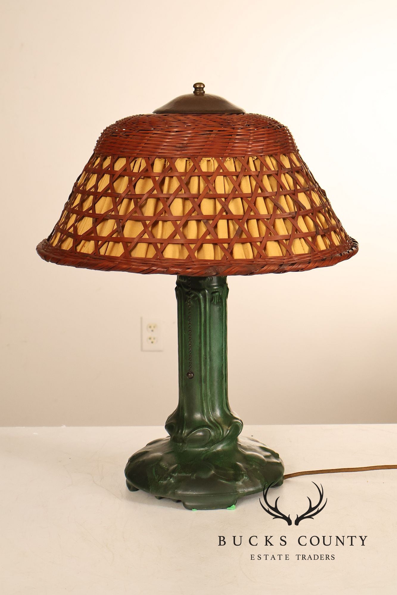 Weller Pottery Art Nouveau Green Glazed Table Lamp with Wicker Shade