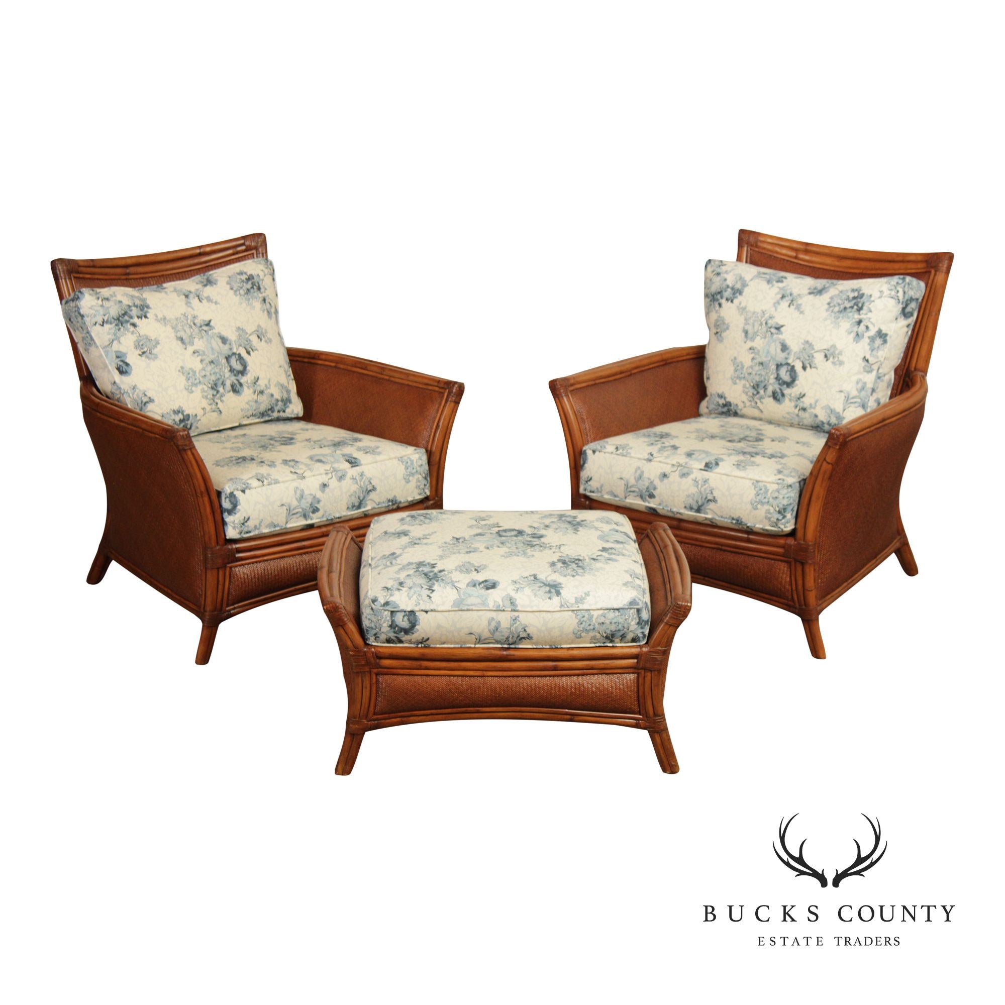 Ethan Allen Pair of Rattan Armchairs With Ottoman