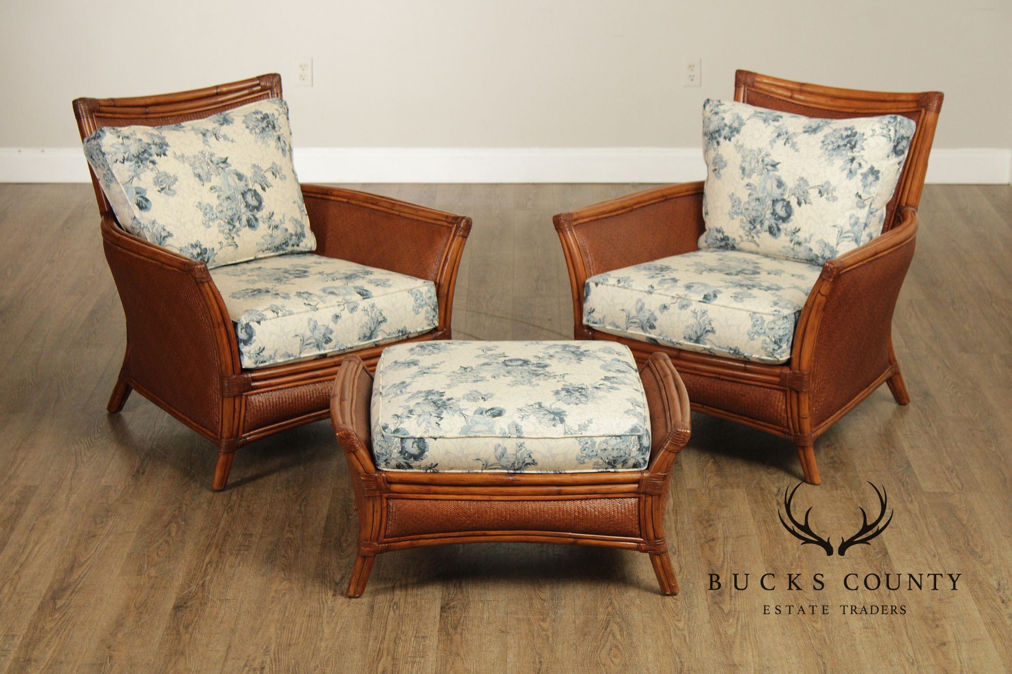 Ethan Allen Pair of Rattan Armchairs With Ottoman