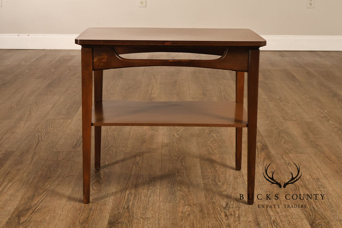Mid-Century Modern Walnut Two-Tier End Table With Sculpted Apron Detail