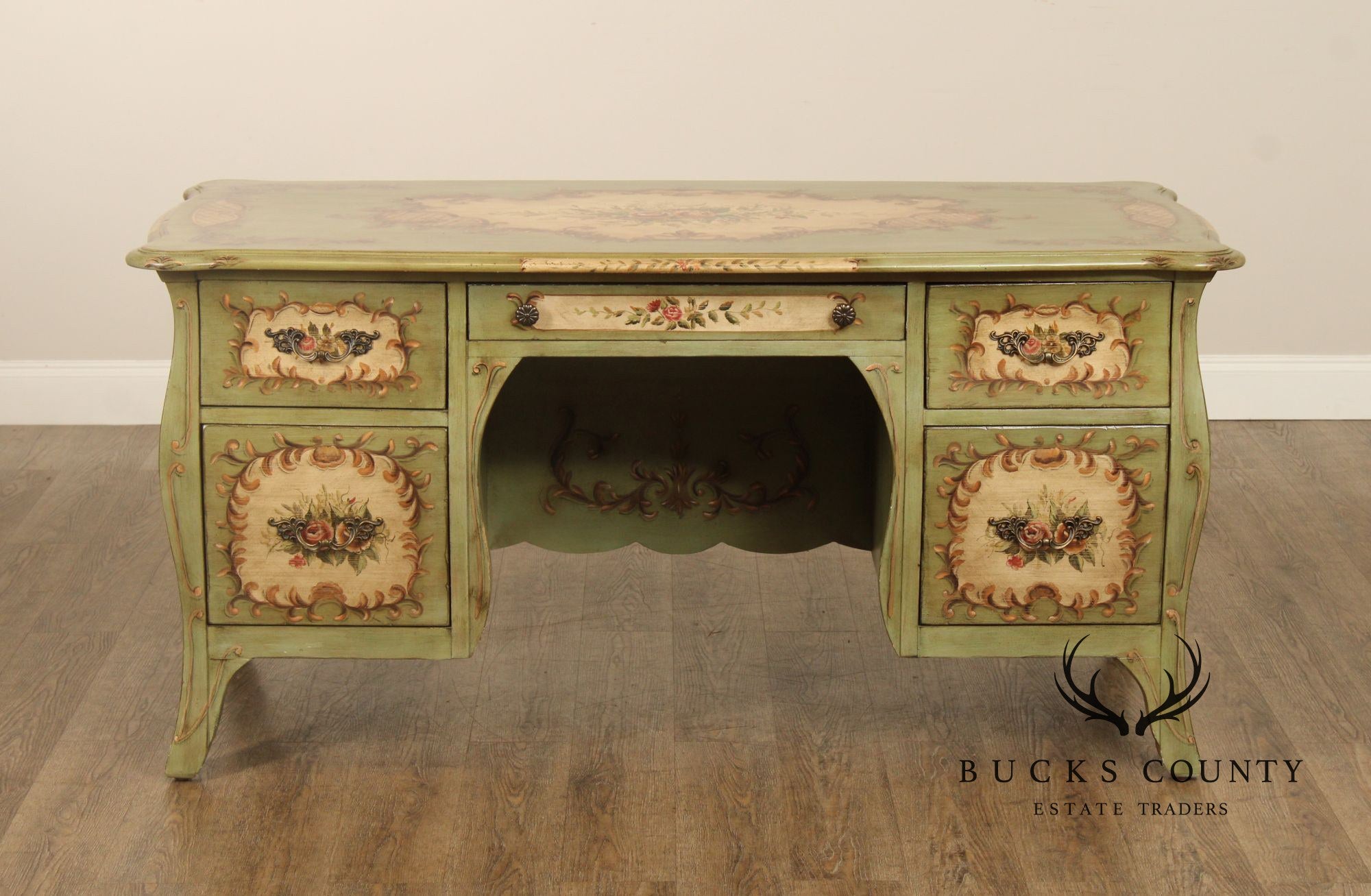 Lane French Louis XV Style Bombe Paint Decorated Executive Desk