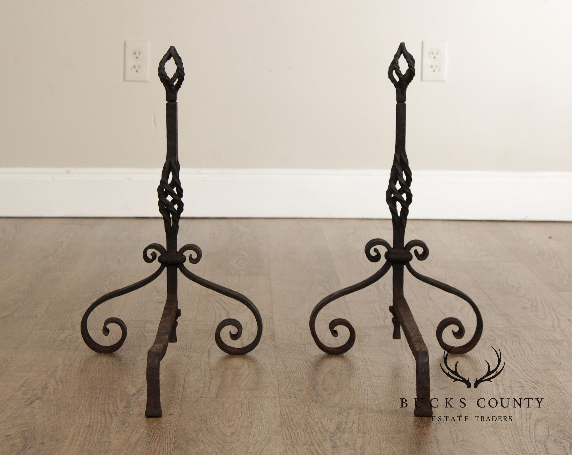 Antique Arts & Crafts Pair of Wrought Iron Fireplace Andirons