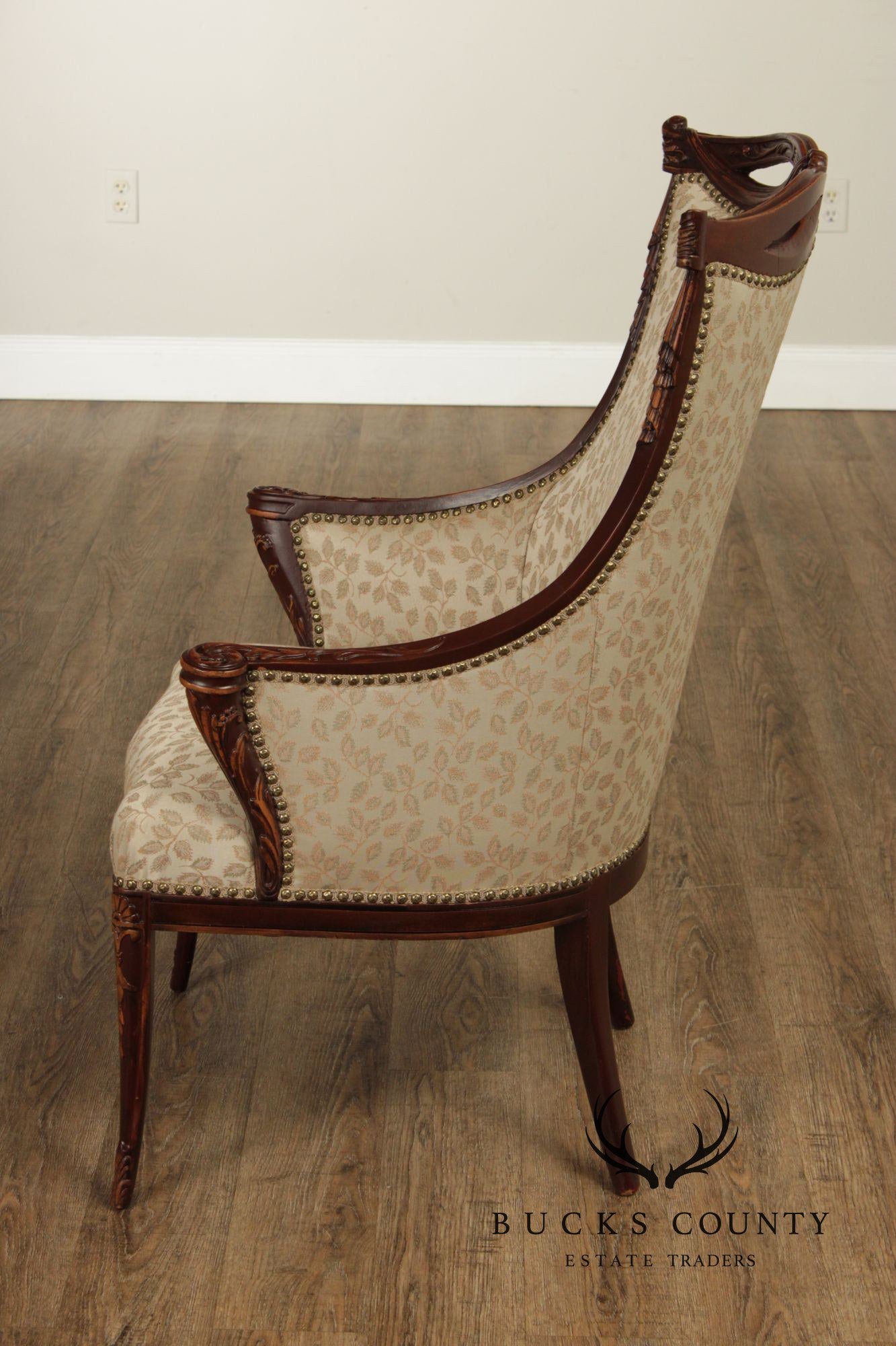 1930's French Louis XVI Style Carved Mahogany Fireside Bergere Chair