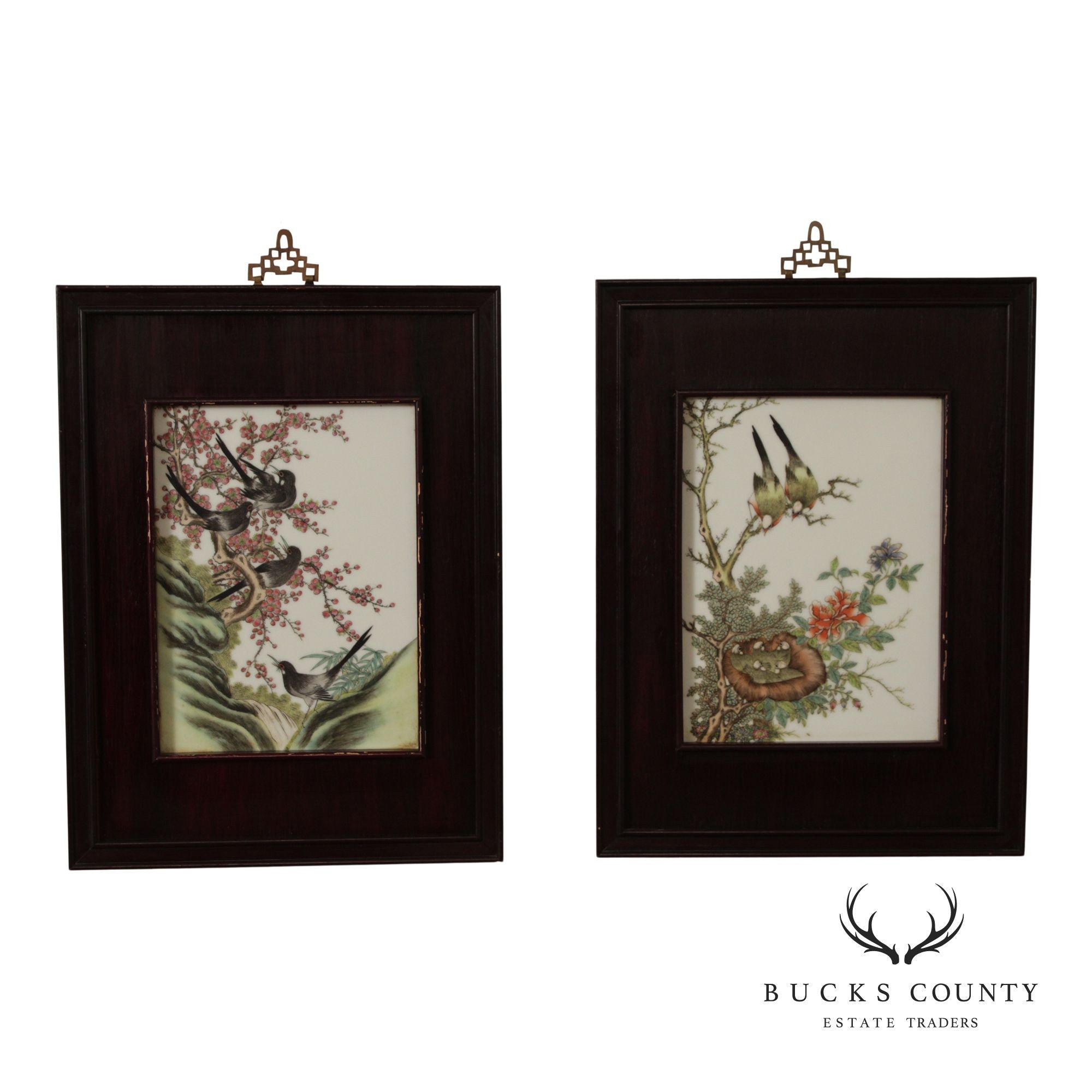Vintage Chinese Pair of Hand Painted Porcelain Plaques