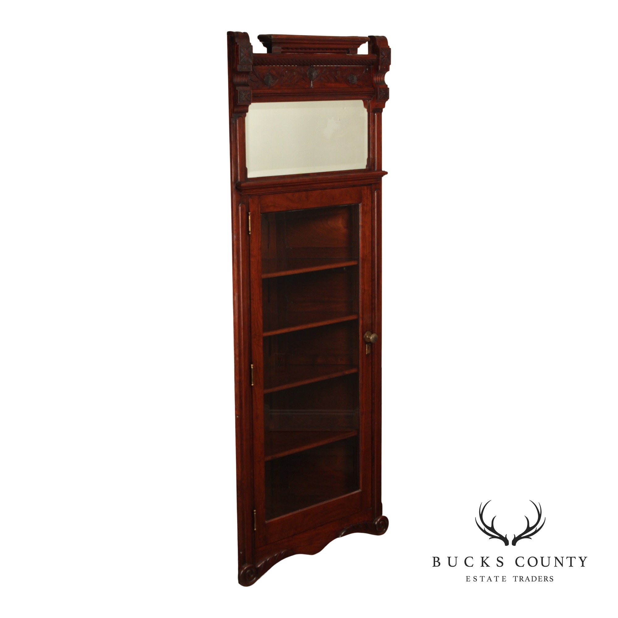 Antique Victorian Carved Walnut Corner Cabinet With Mirrored Transom