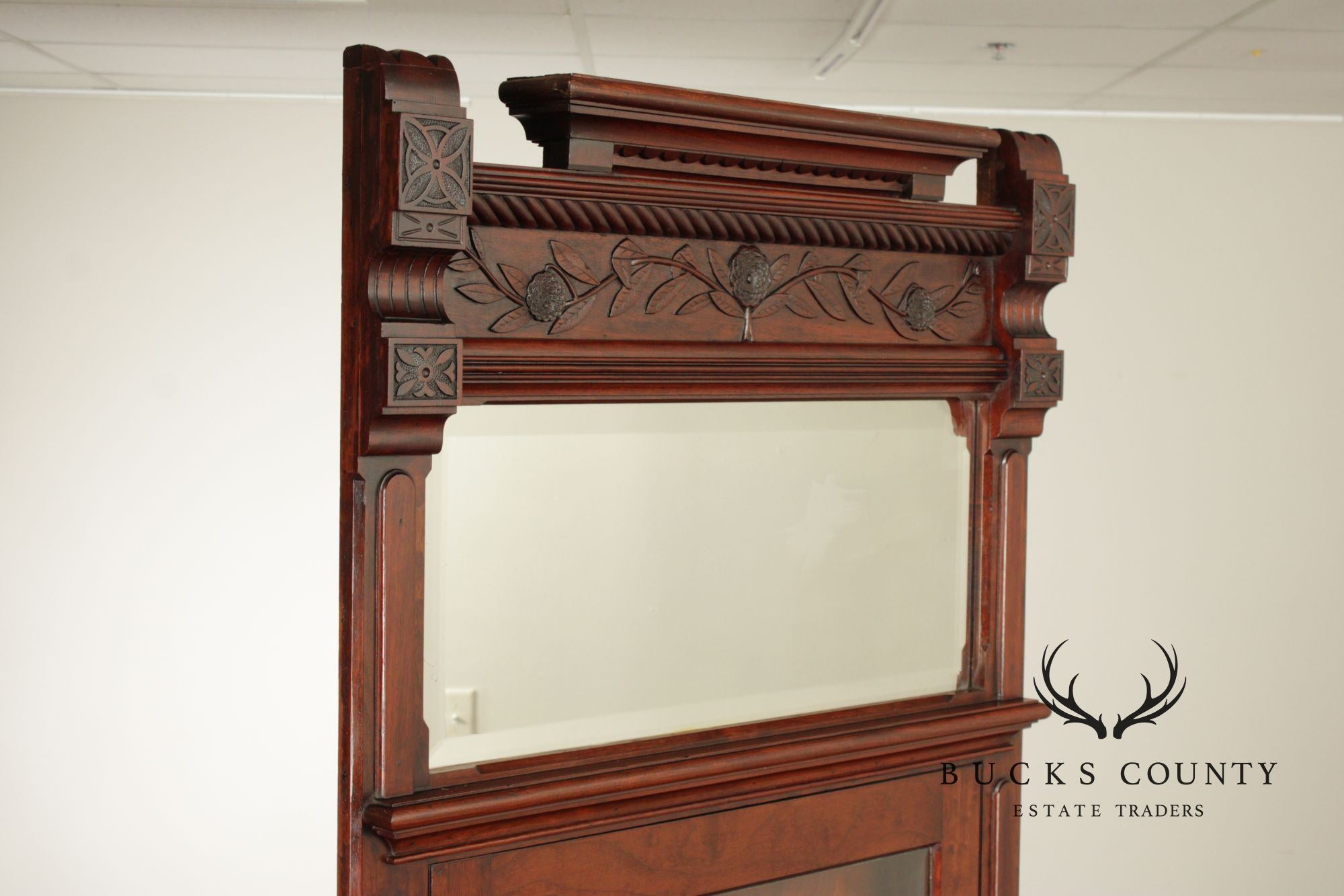 Antique Victorian Carved Walnut Corner Cabinet With Mirrored Transom