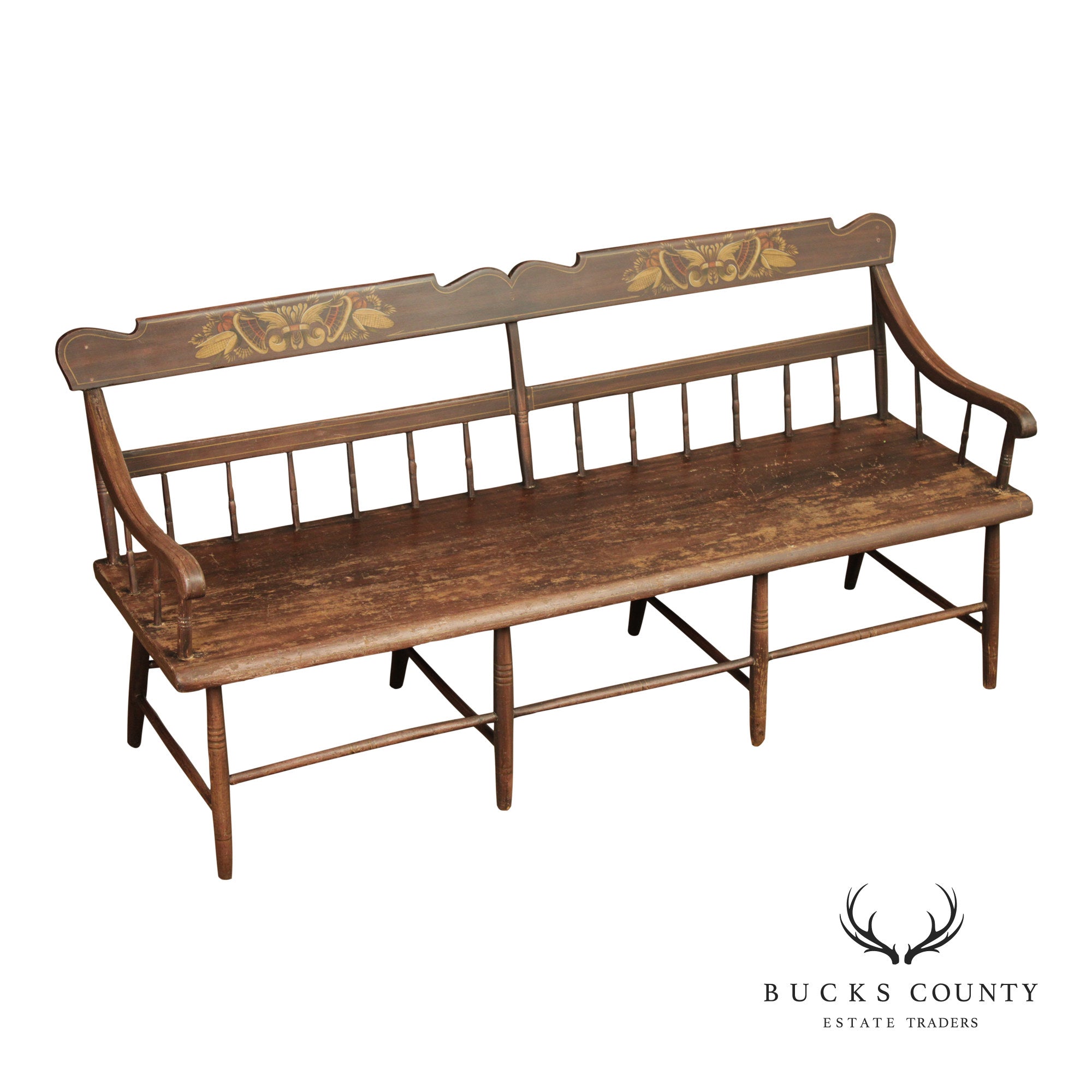 Antique Paint Decorated Long Deacon Hall Bench