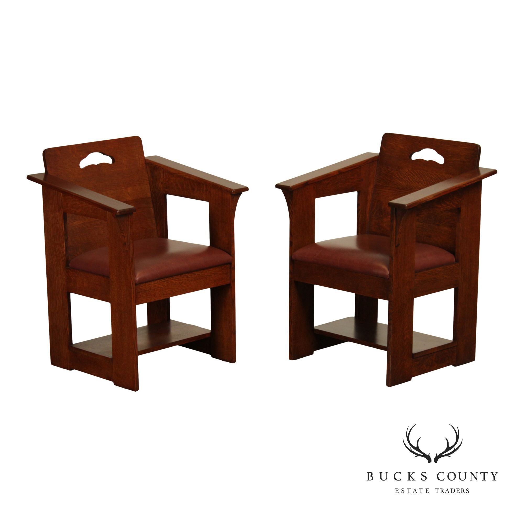 Stickley Mission Collection Pair Of Oak And Leather Cafe Armchairs