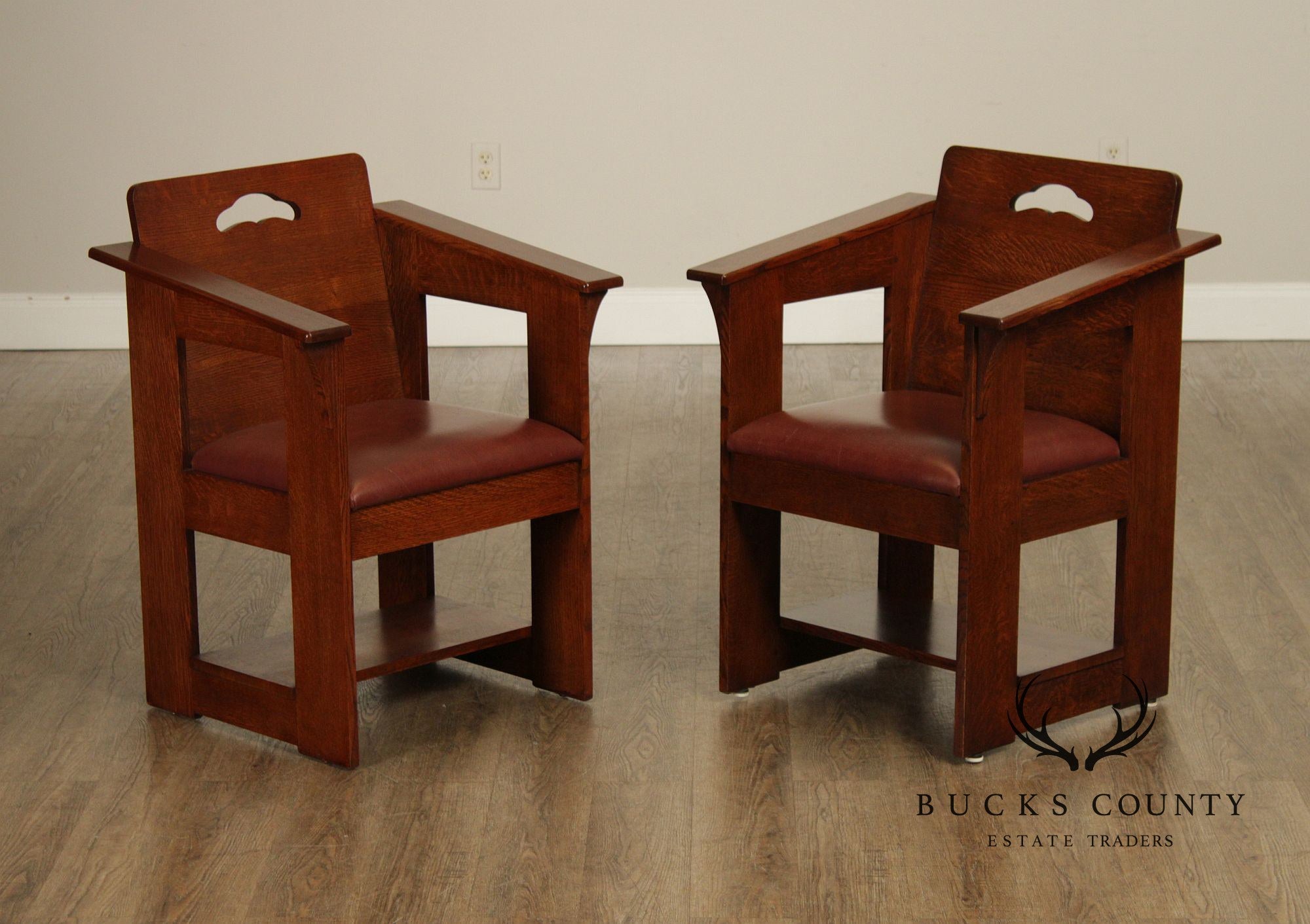 Stickley Mission Collection Pair Of Oak And Leather Cafe Armchairs