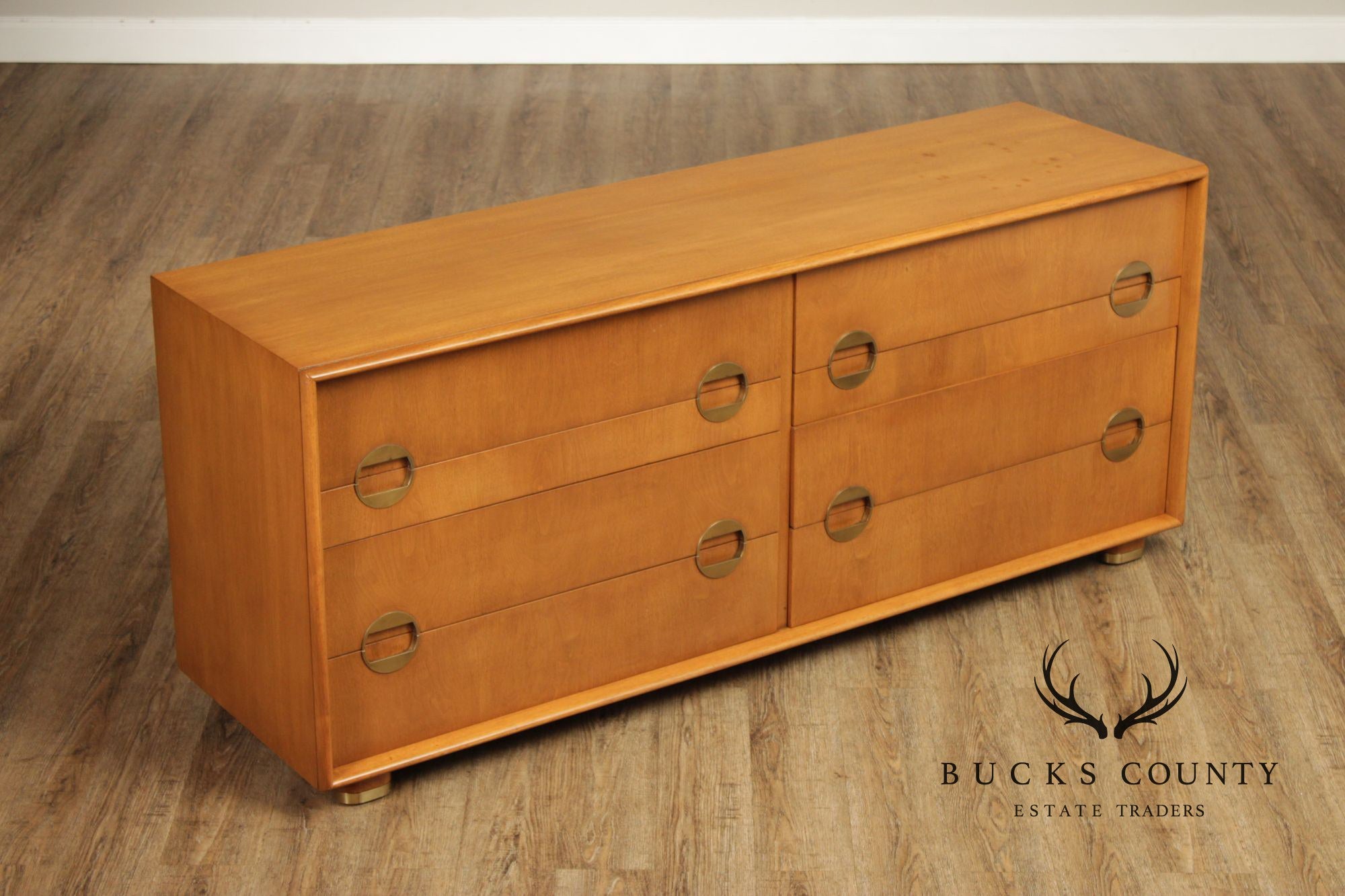 Johnson Furniture John Stewart Walnut Mid-Century Modern Eight Drawer Dresser With Brass Hardware