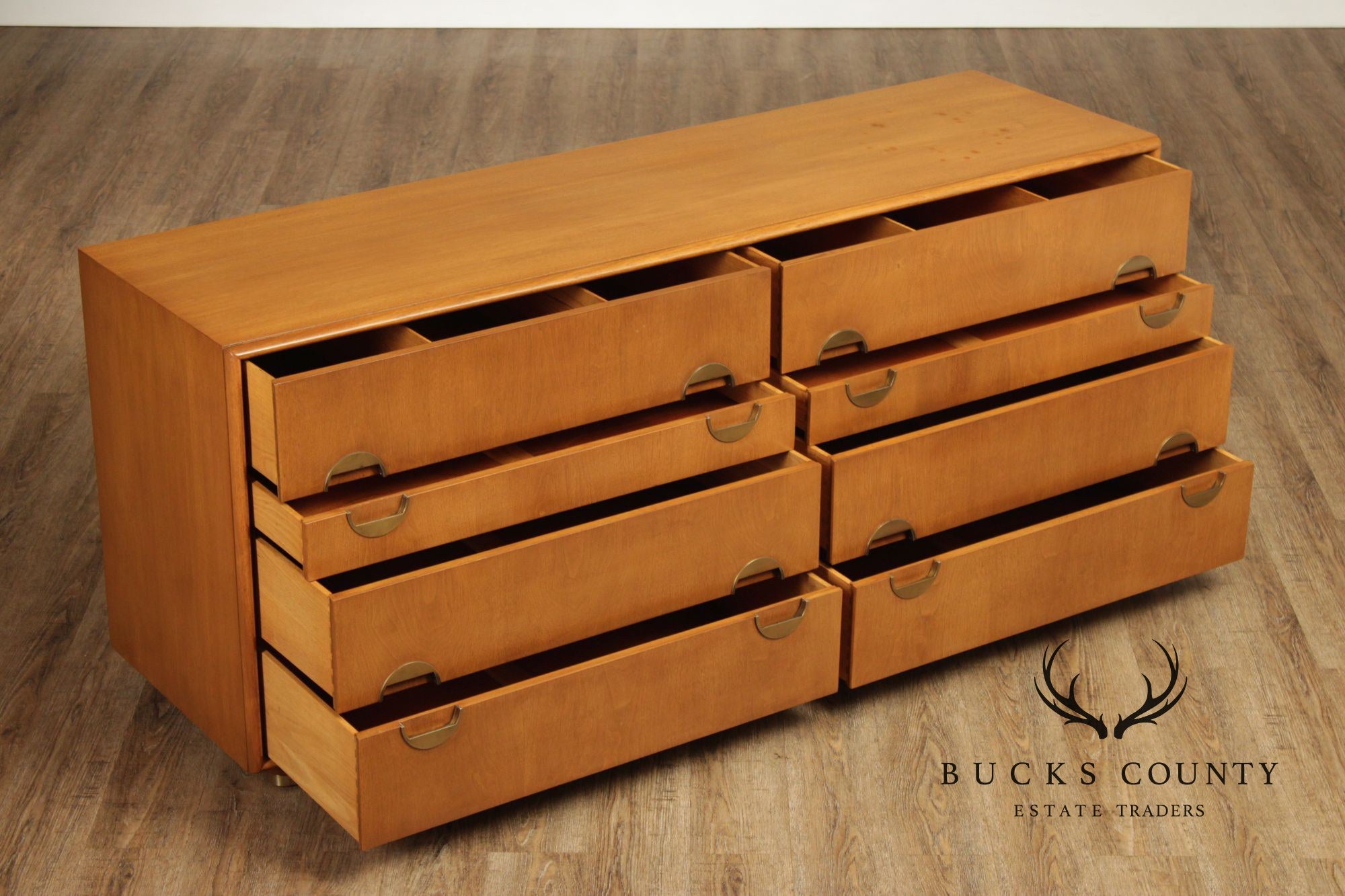 Johnson Furniture John Stewart Walnut Mid-Century Modern Eight Drawer Dresser With Brass Hardware