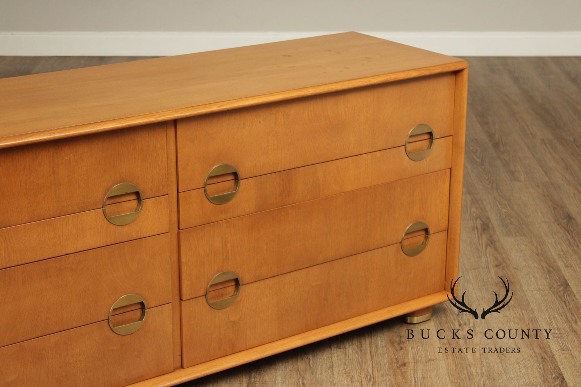 Johnson Furniture John Stewart Walnut Mid-Century Modern Eight Drawer Dresser With Brass Hardware