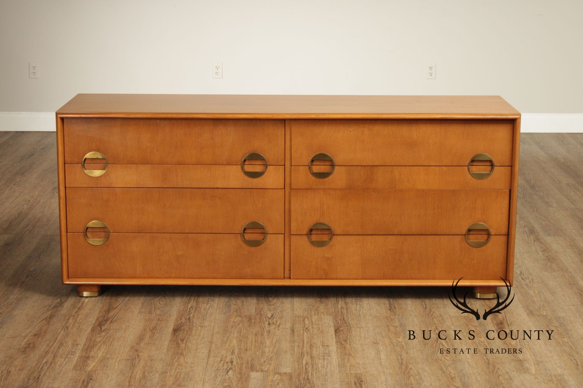 Johnson Furniture John Stewart Walnut Mid-Century Modern Eight Drawer Dresser With Brass Hardware