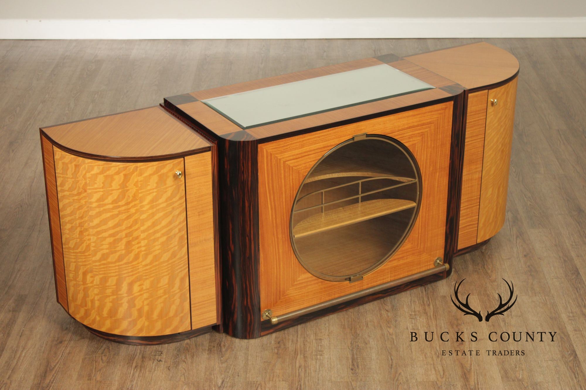 Van Etten Art Deco Style Exotic Wood Inlaid Illuminated Bar Cabinet