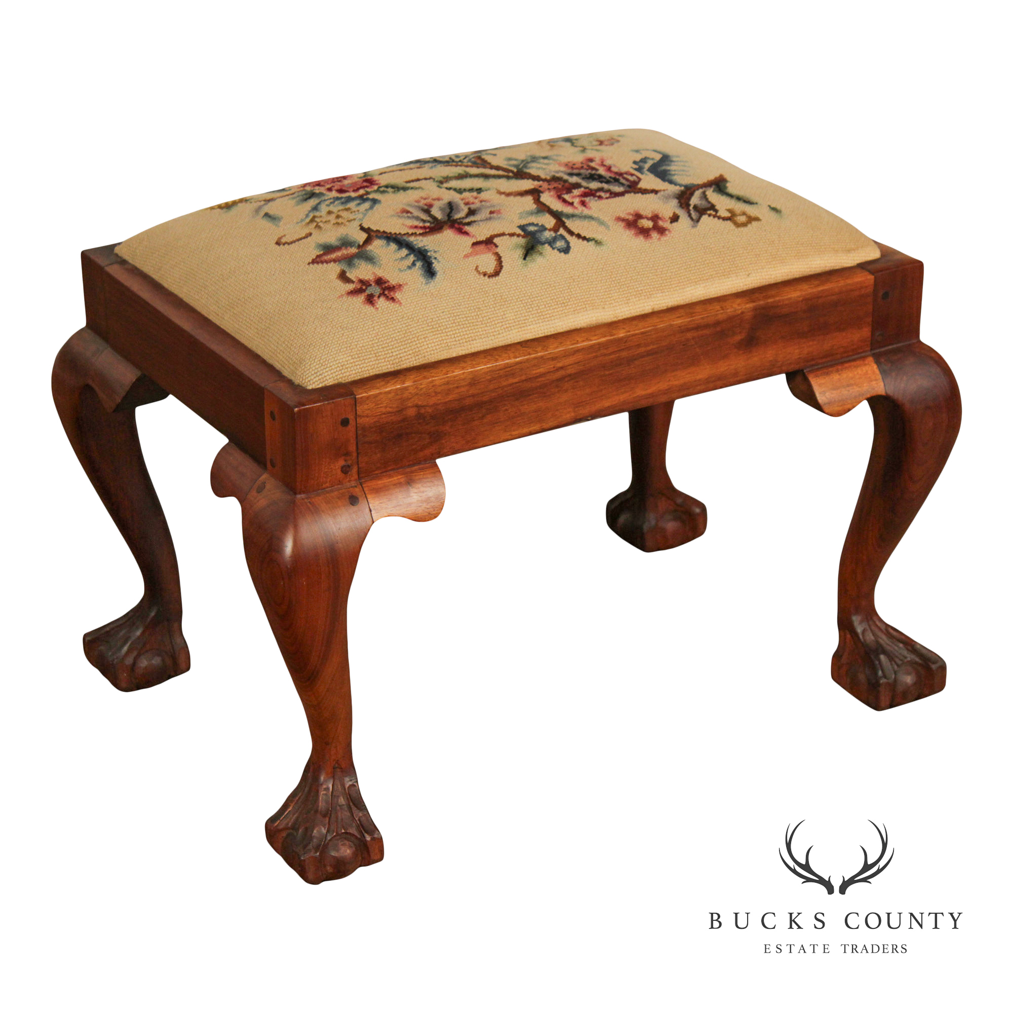 Chippendale Style Carved Mahogany Needlepoint Footstool