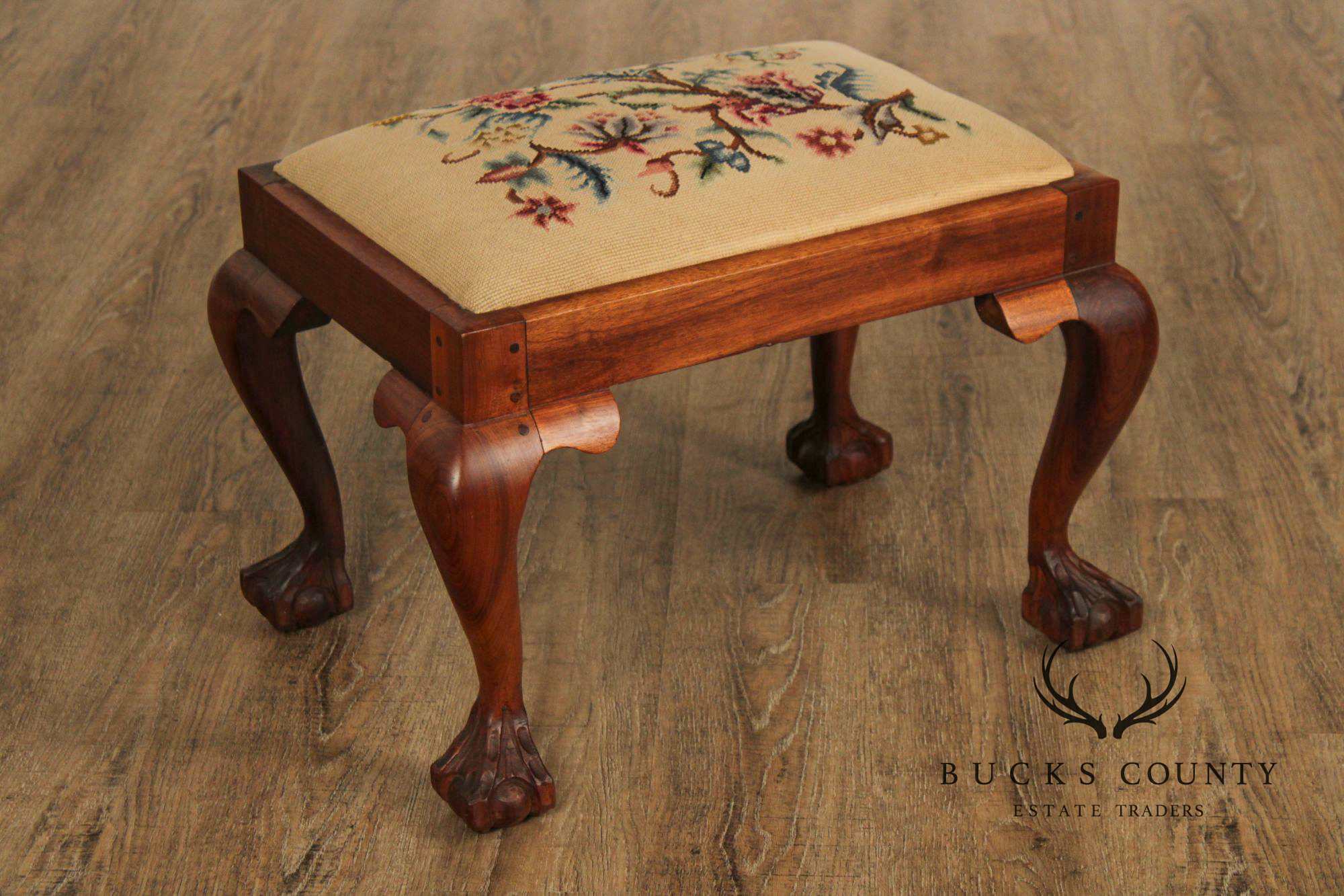 Chippendale Style Carved Mahogany Needlepoint Footstool