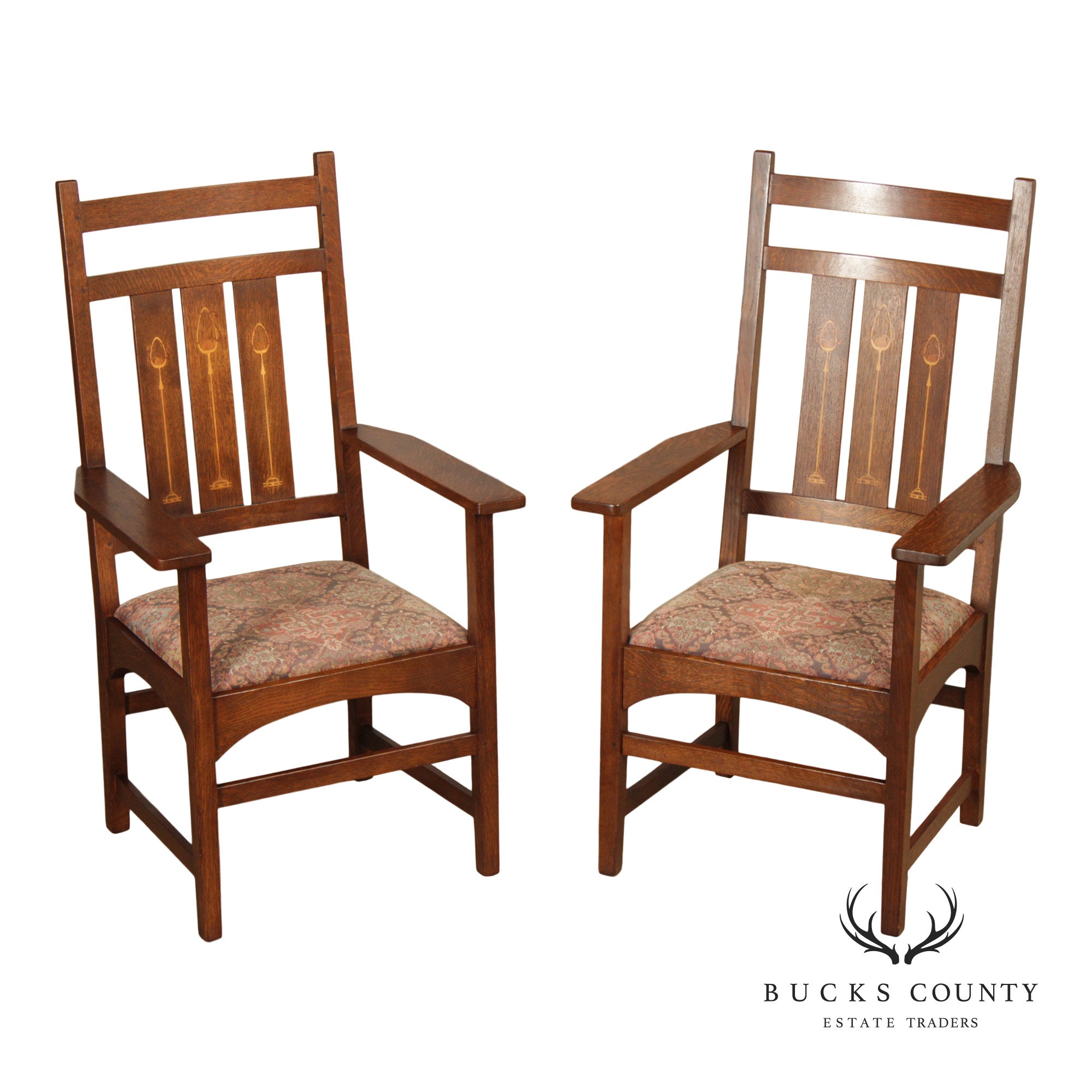 Stickley Mission Collection Pair of Harvey Ellis Inlaid Oak Dining Armchairs
