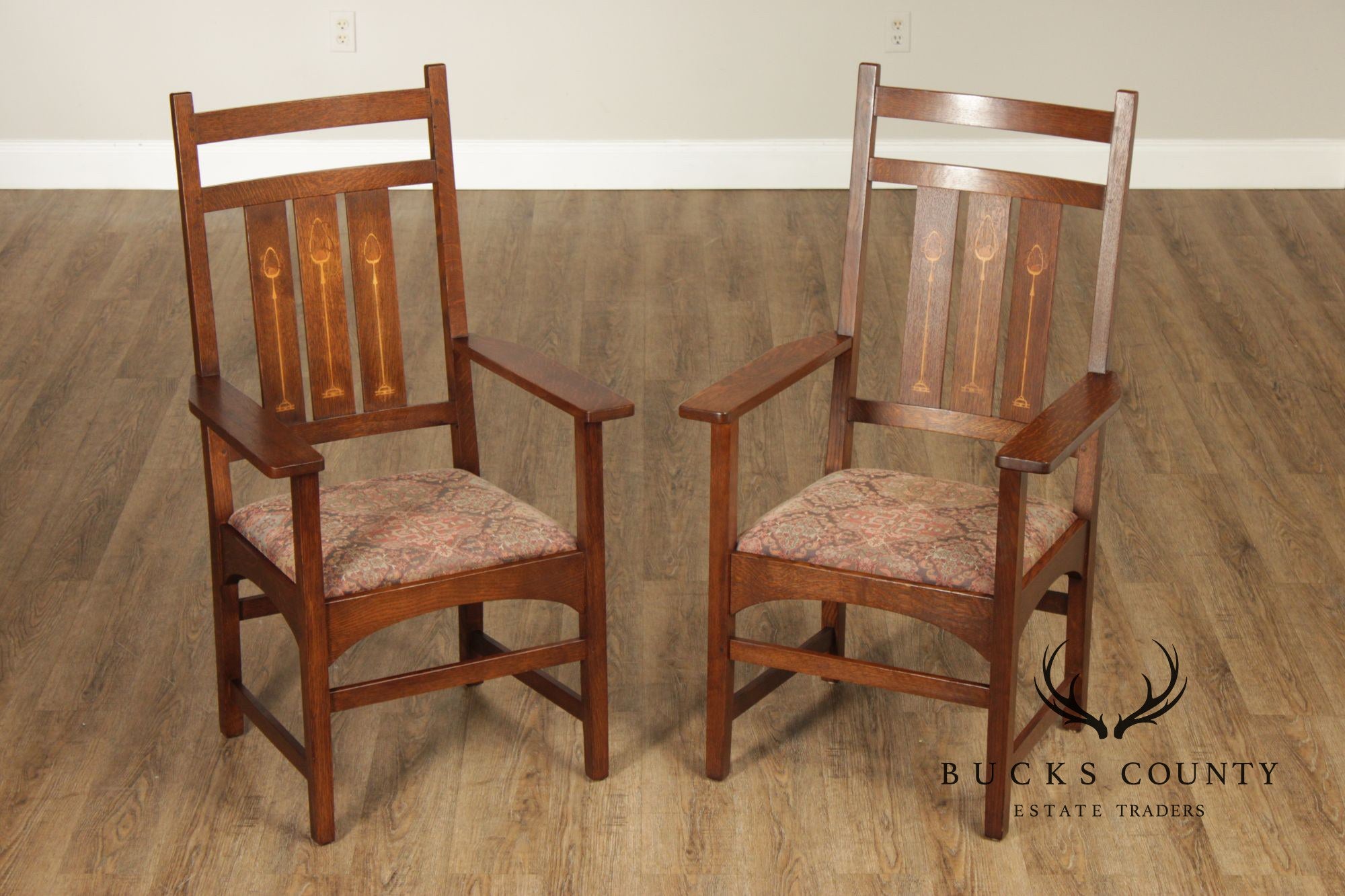Stickley Mission Collection Pair of Harvey Ellis Inlaid Oak Dining Armchairs