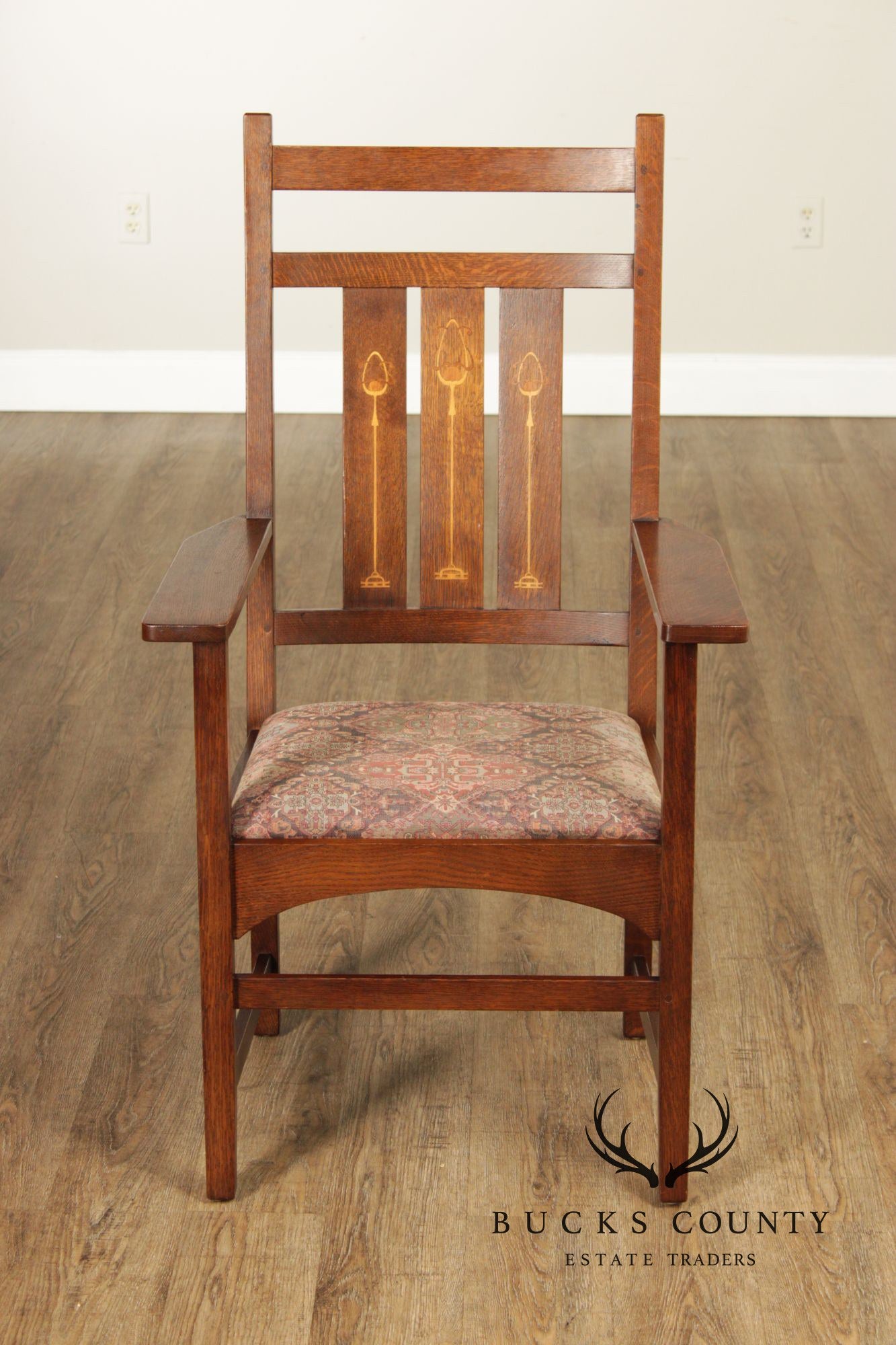 Stickley Mission Collection Pair of Harvey Ellis Inlaid Oak Dining Armchairs