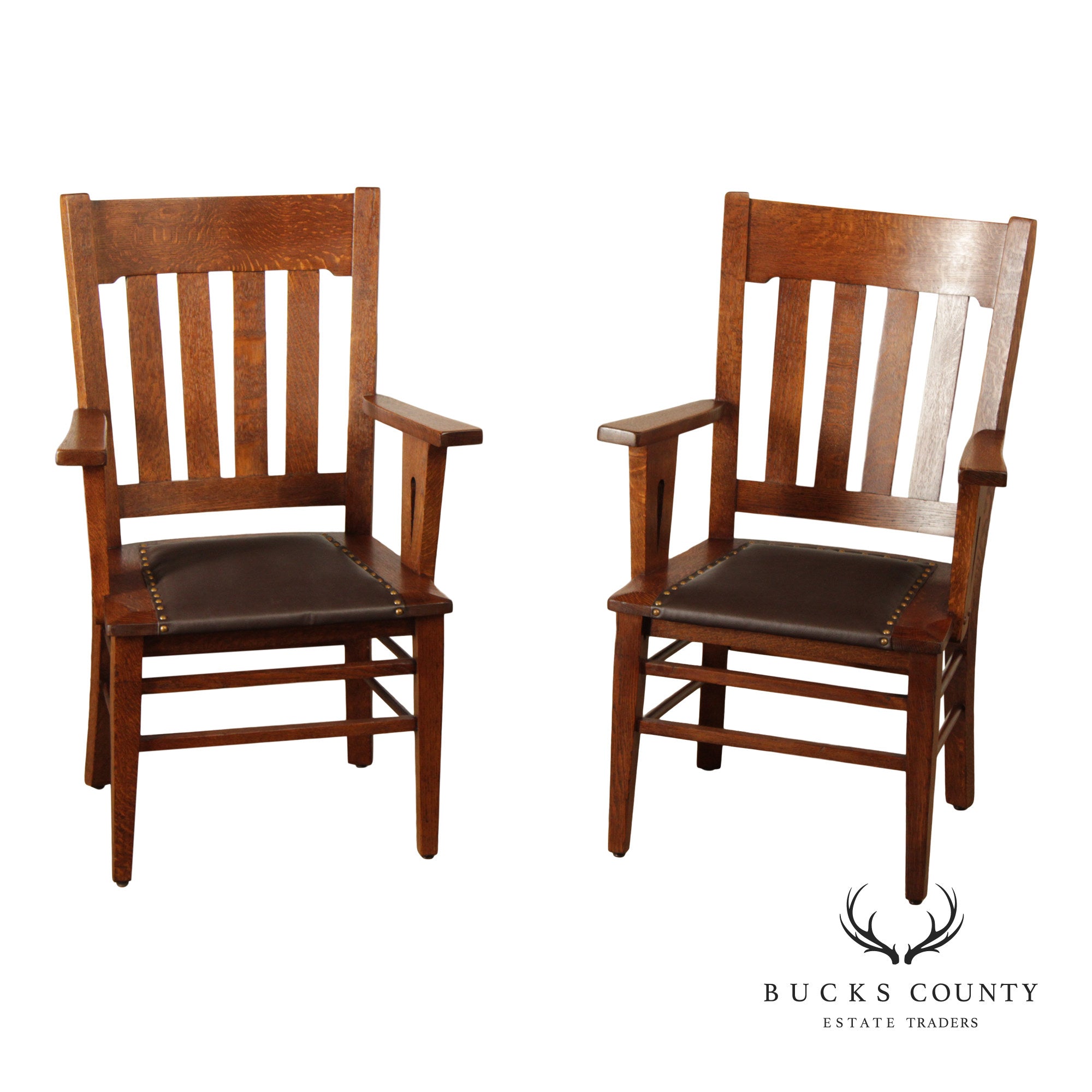 Antique Pair Of Arts & Crafts Style Oak Armchairs