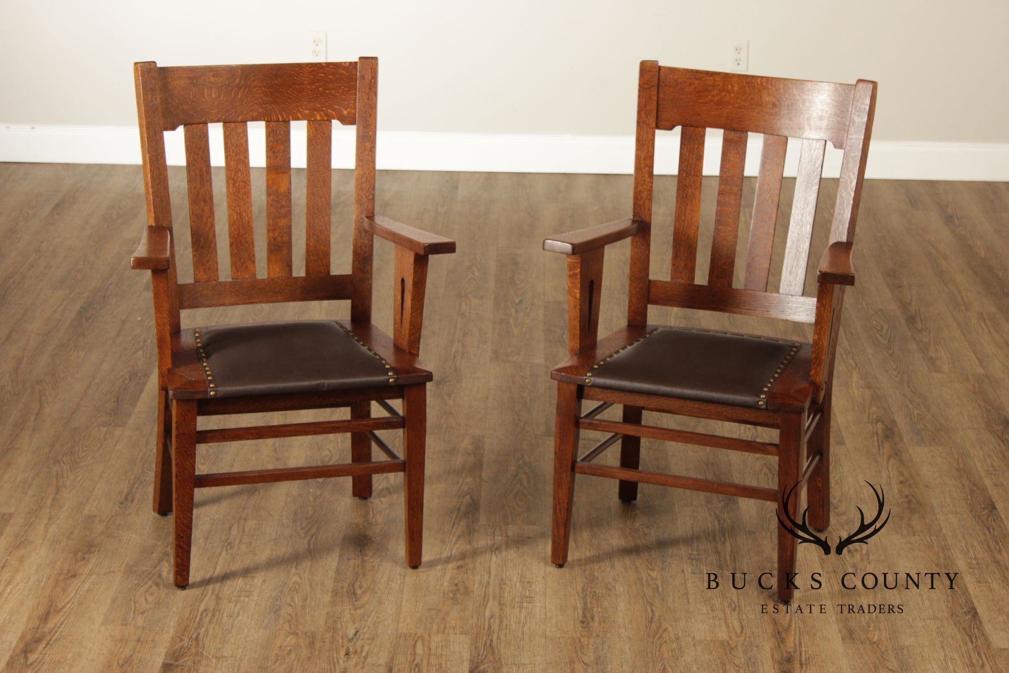 Antique Pair Of Arts & Crafts Style Oak Armchairs