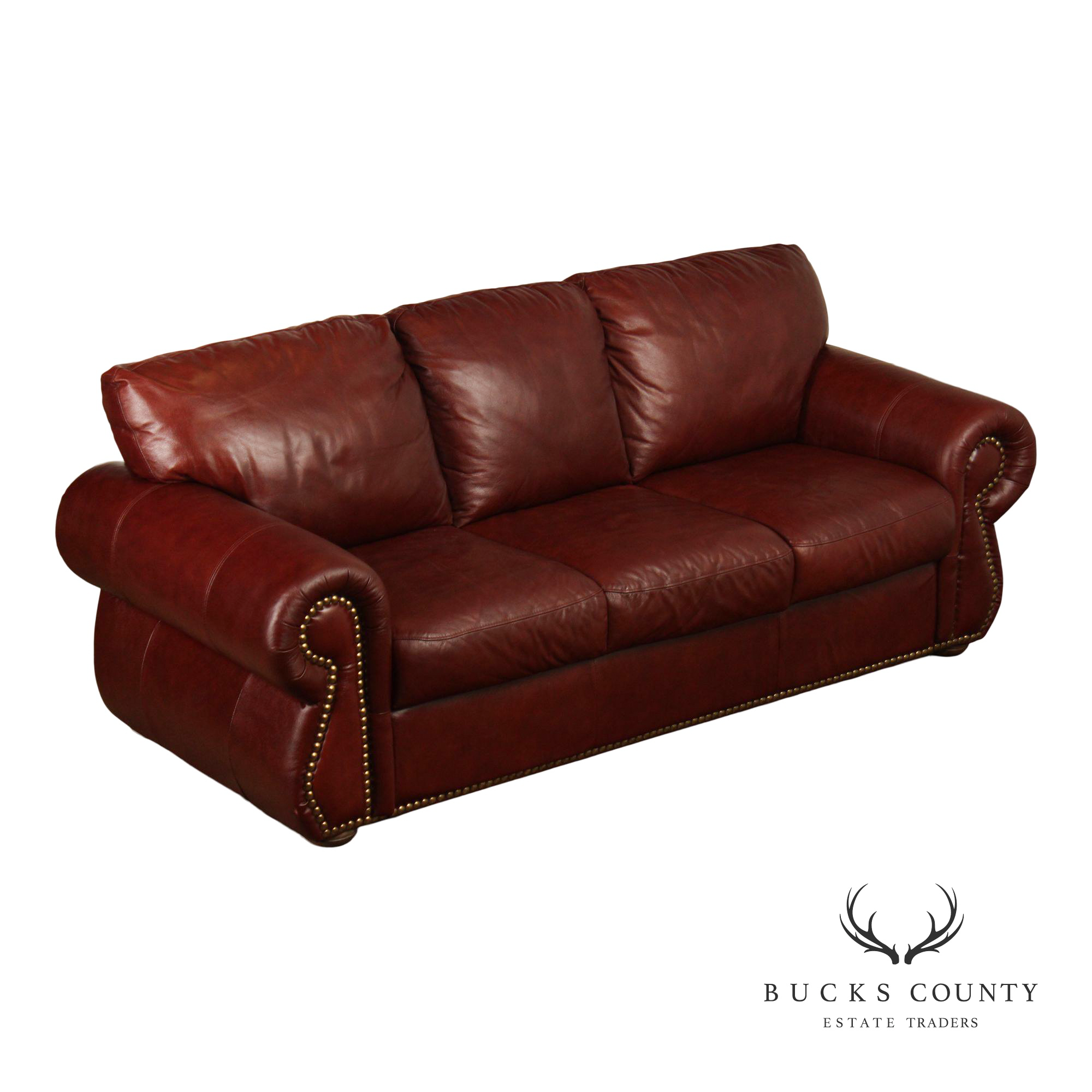 Traditional Leather Rolled Arm Nailhead Trim Sofa
