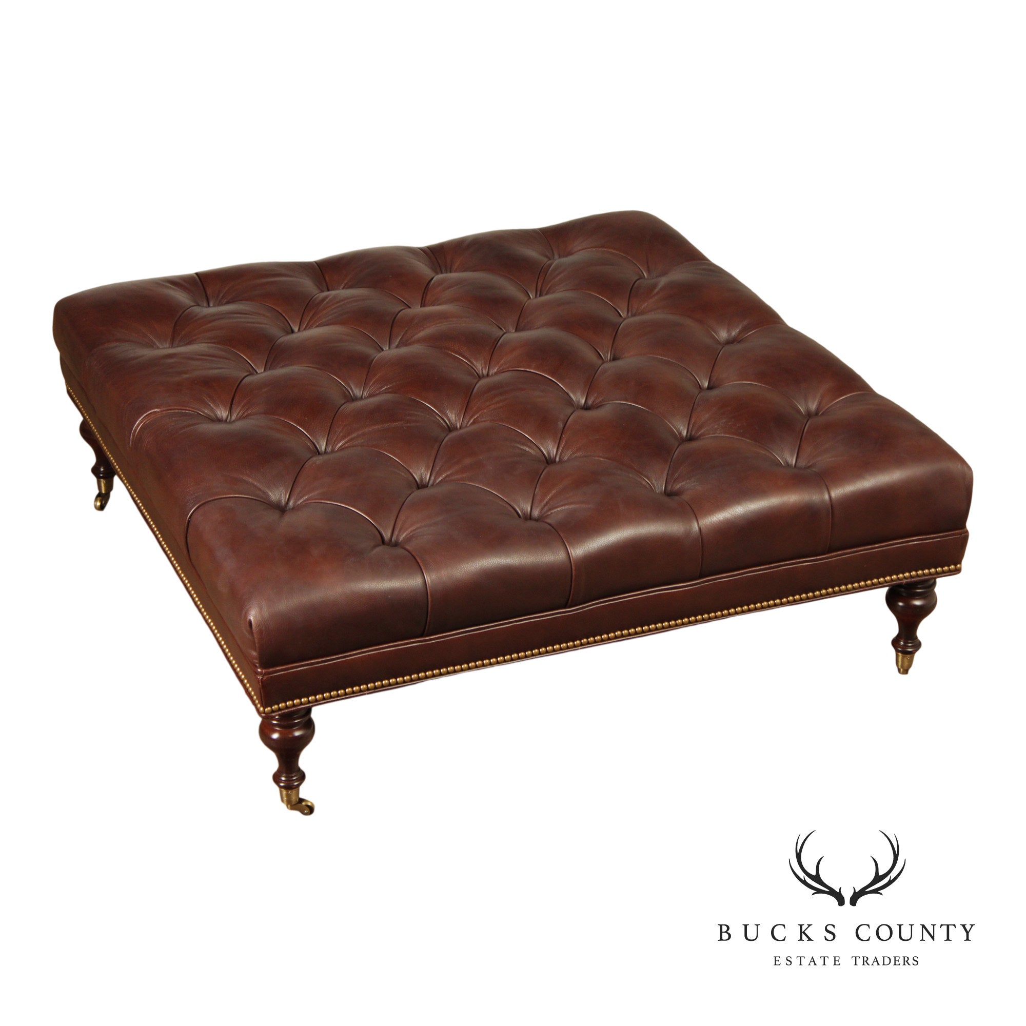 Hancock & Moore Square Tufted Leather Ottoman Coffee Table With Nailhead Trim