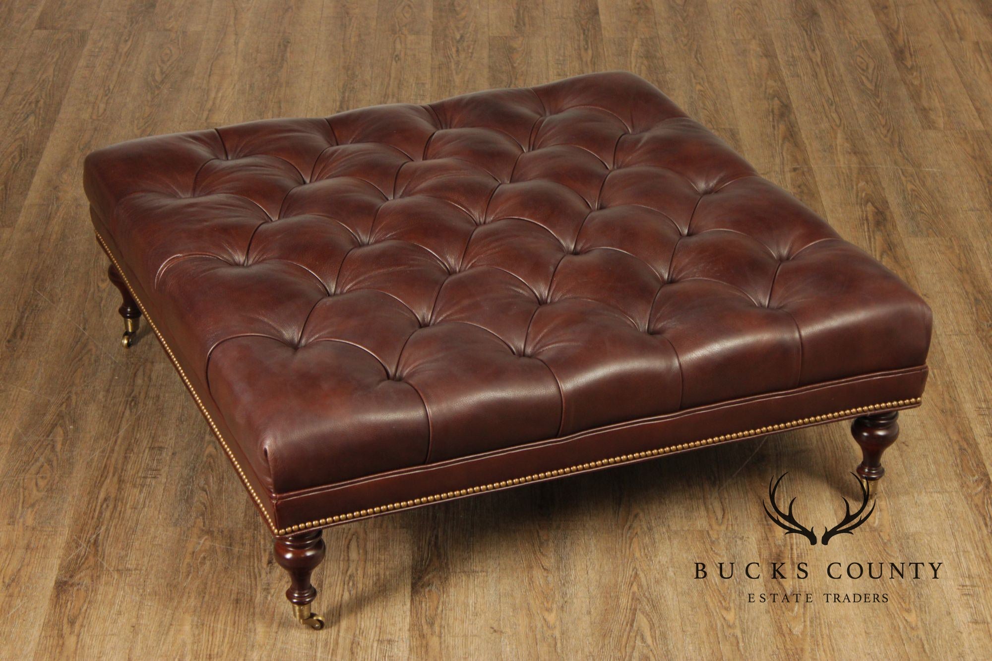 Hancock & Moore Square Tufted Leather Ottoman Coffee Table With Nailhead Trim