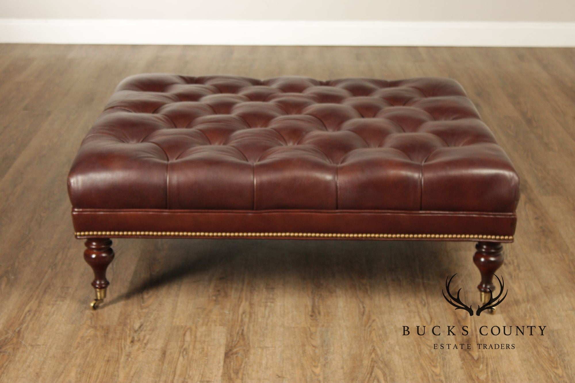 Hancock & Moore Square Tufted Leather Ottoman Coffee Table With Nailhead Trim