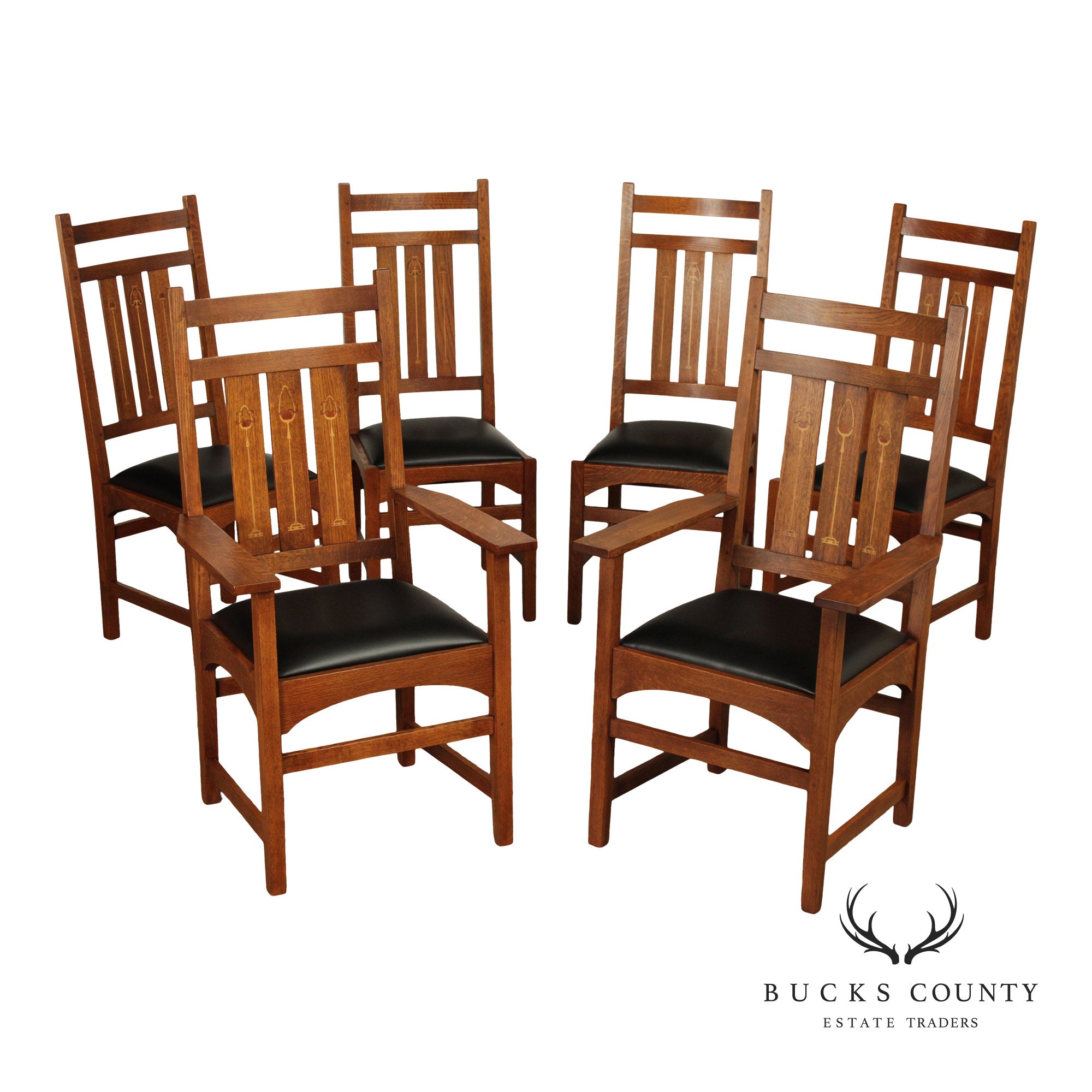 Stickley Mission Collection Set of Six Harvey Ellis Inlaid Oak Dining Chairs