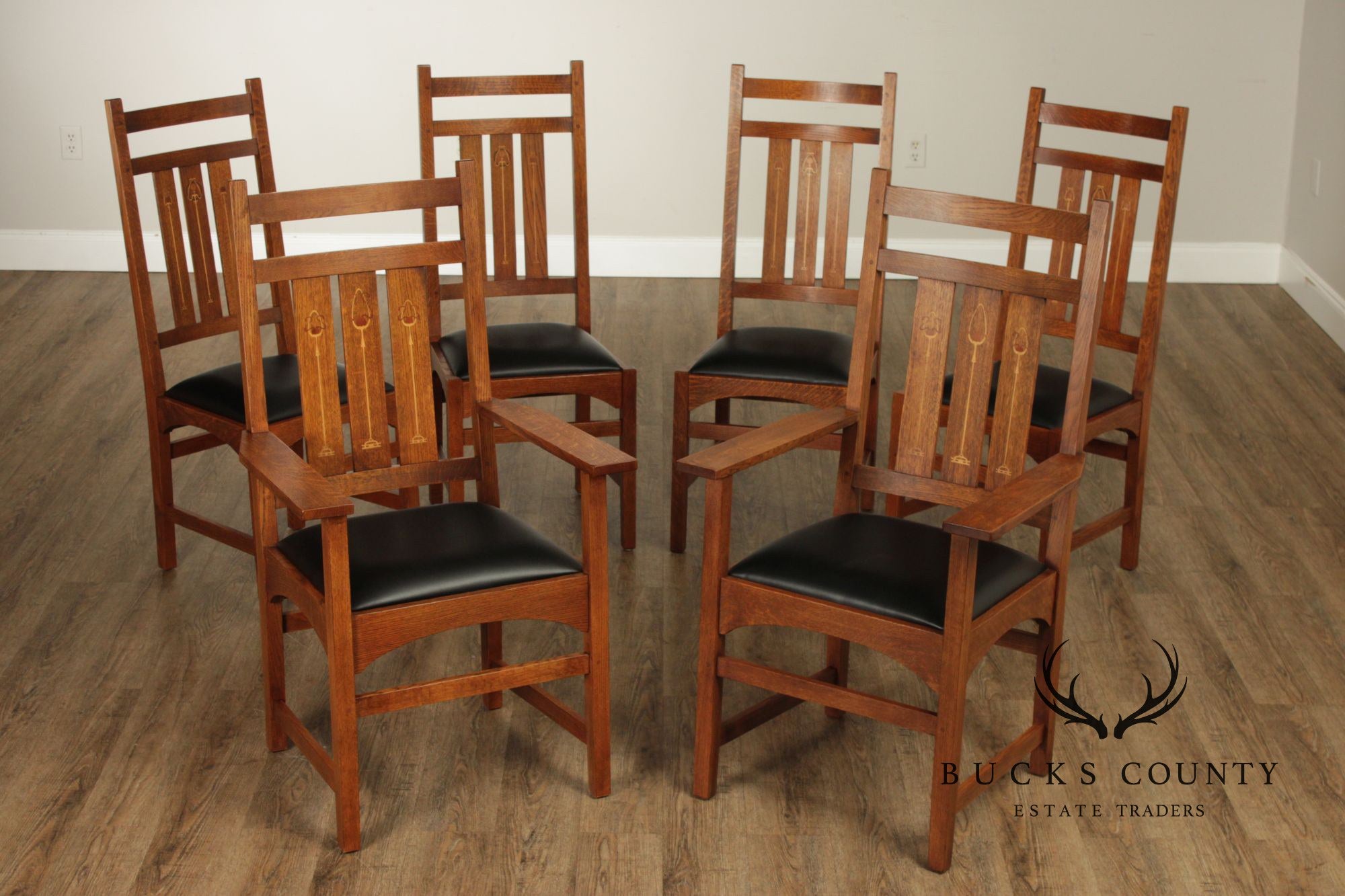 Stickley Mission Collection Set of Six Harvey Ellis Inlaid Oak Dining Chairs