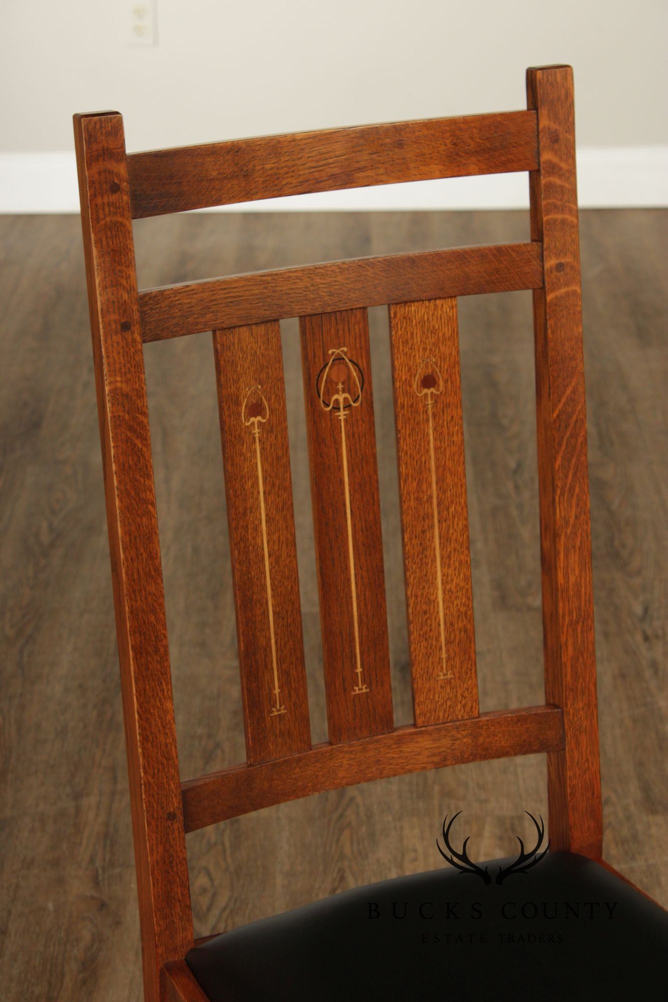 Stickley Mission Collection Set of Six Harvey Ellis Inlaid Oak Dining Chairs
