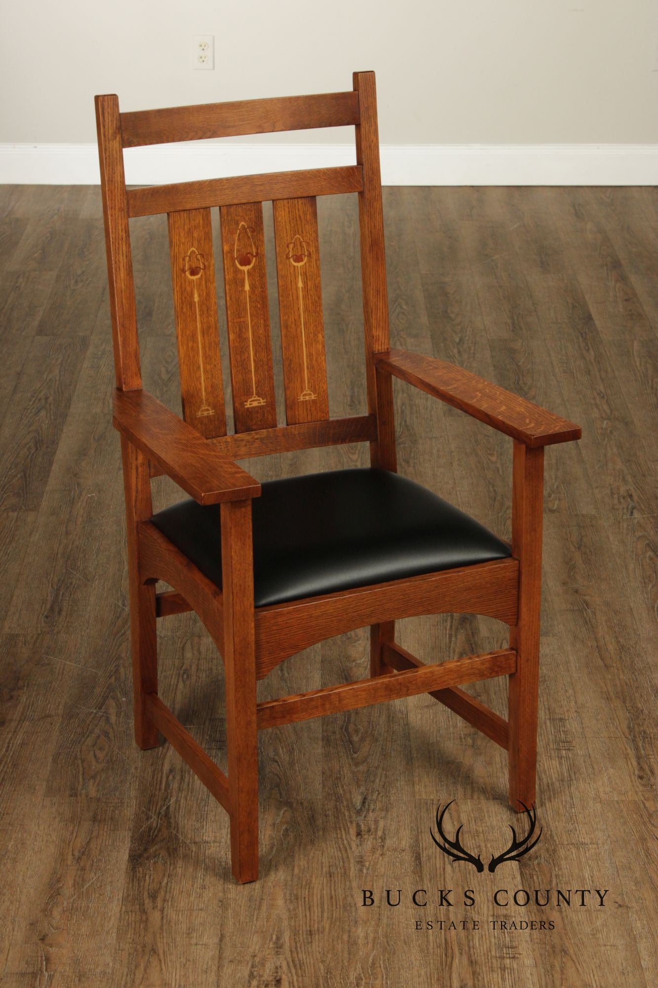 Stickley Mission Collection Set of Six Harvey Ellis Inlaid Oak Dining Chairs