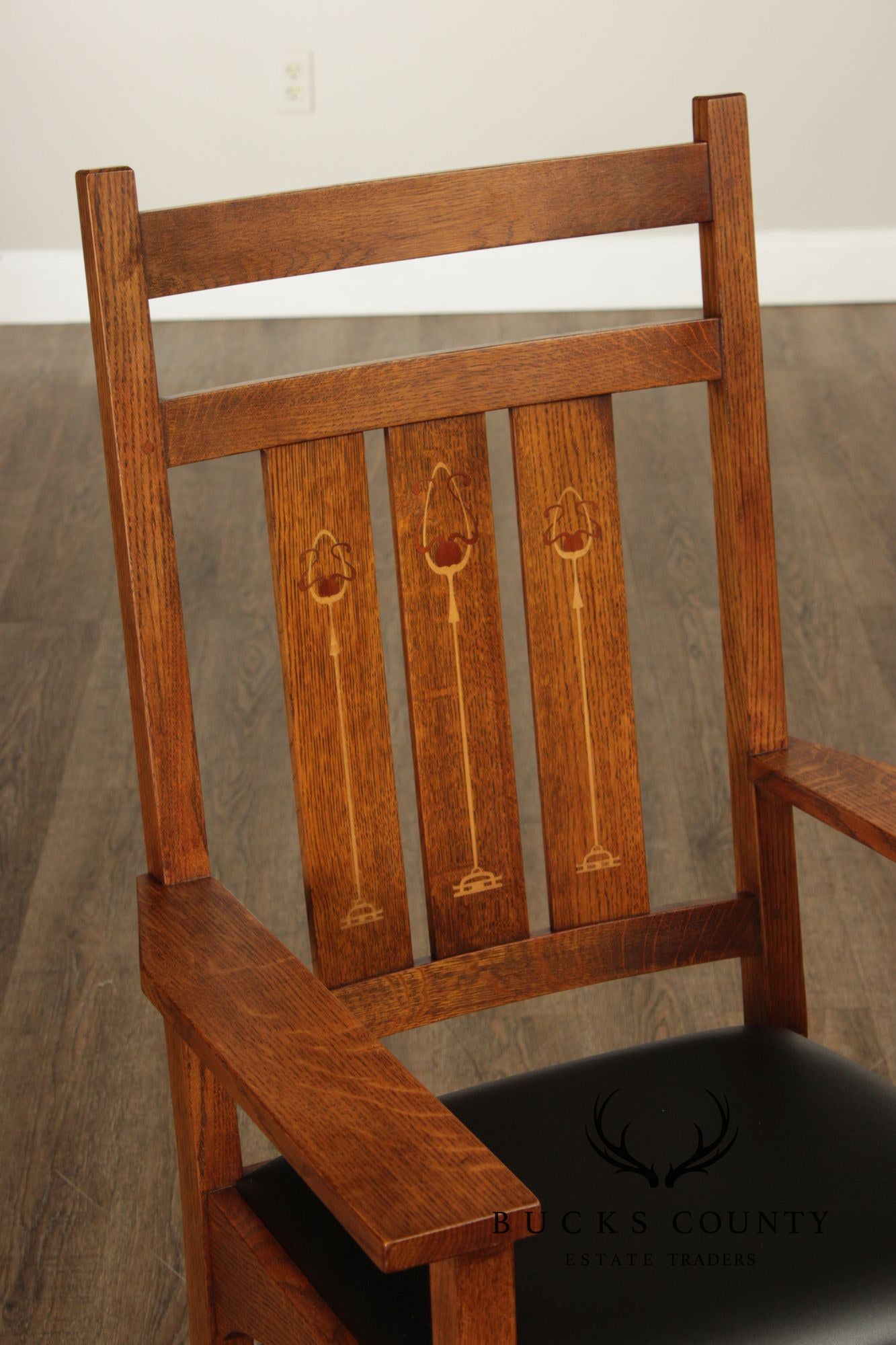 Stickley Mission Collection Set of Six Harvey Ellis Inlaid Oak Dining Chairs