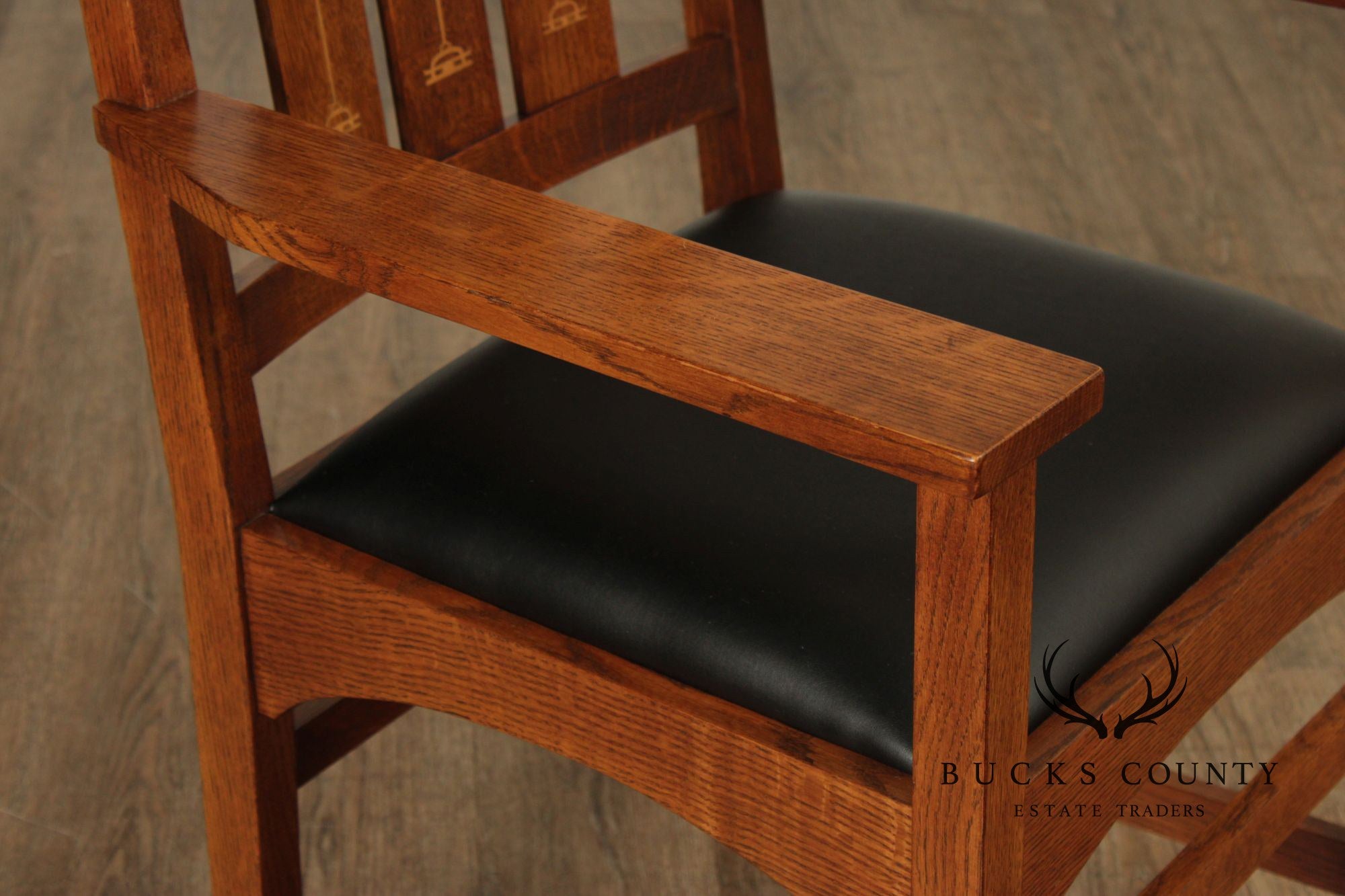 Stickley Mission Collection Set of Six Harvey Ellis Inlaid Oak Dining Chairs