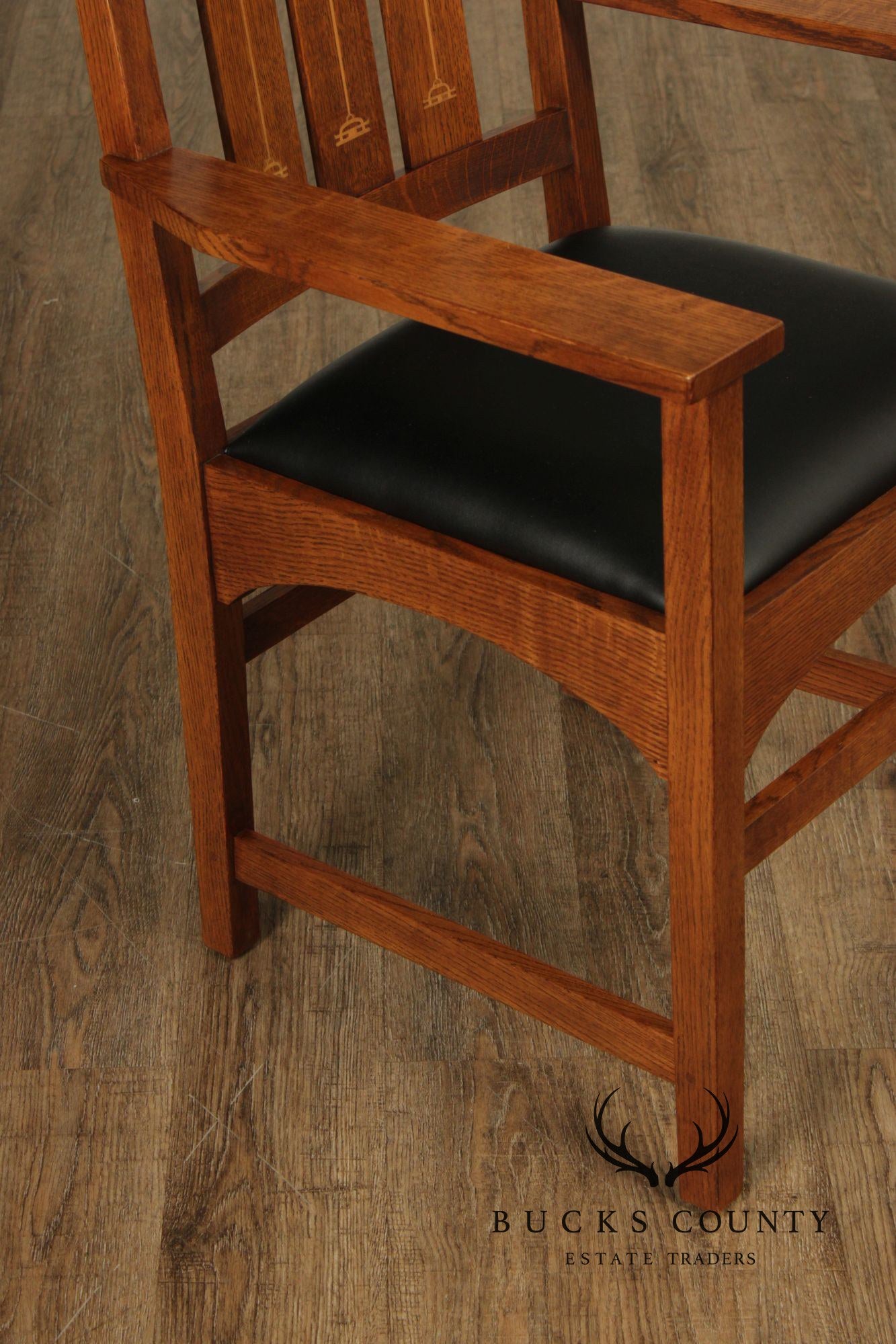 Stickley Mission Collection Set of Six Harvey Ellis Inlaid Oak Dining Chairs