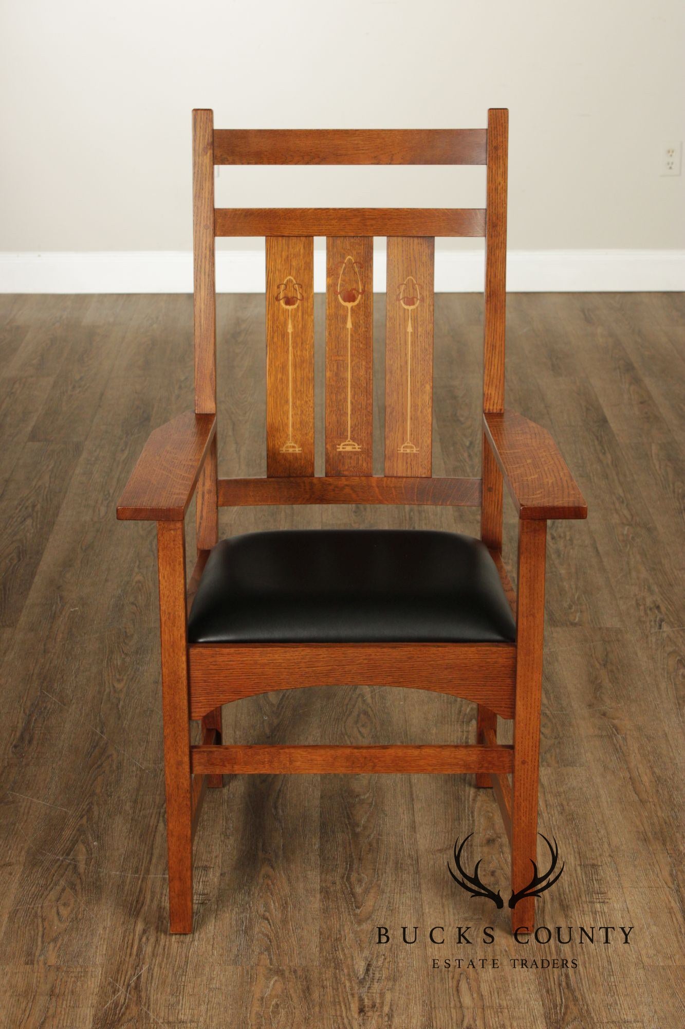 Stickley Mission Collection Set of Six Harvey Ellis Inlaid Oak Dining Chairs