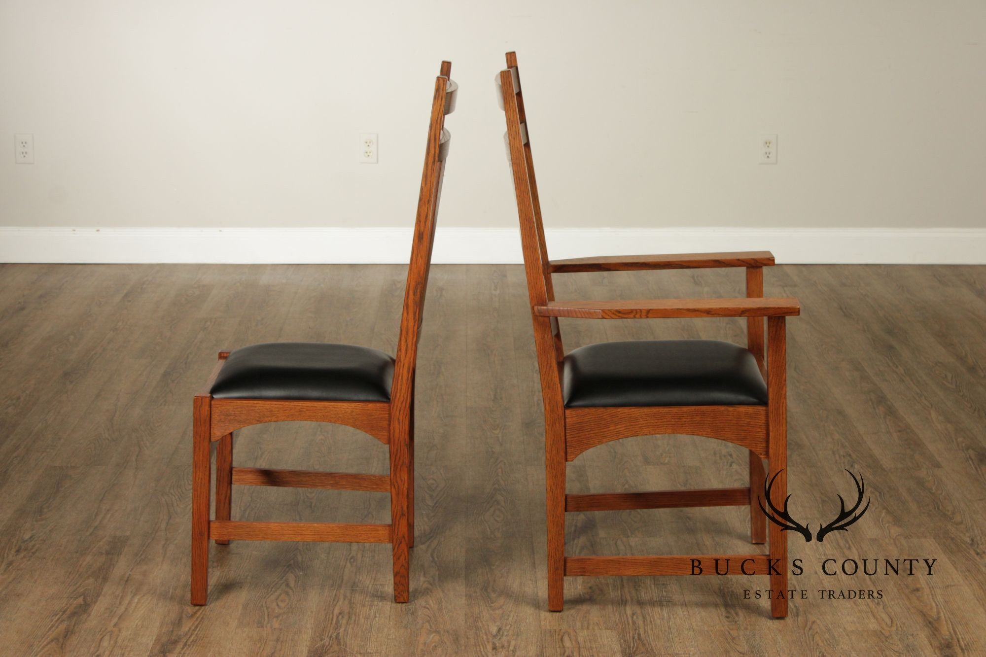 Stickley Mission Collection Set of Six Harvey Ellis Inlaid Oak Dining Chairs