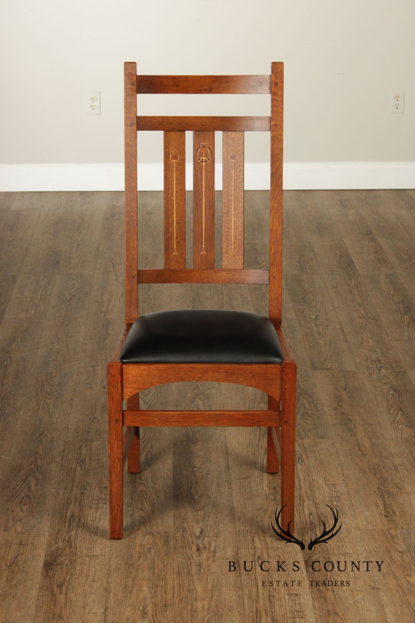 Stickley Mission Collection Set of Six Harvey Ellis Inlaid Oak Dining Chairs
