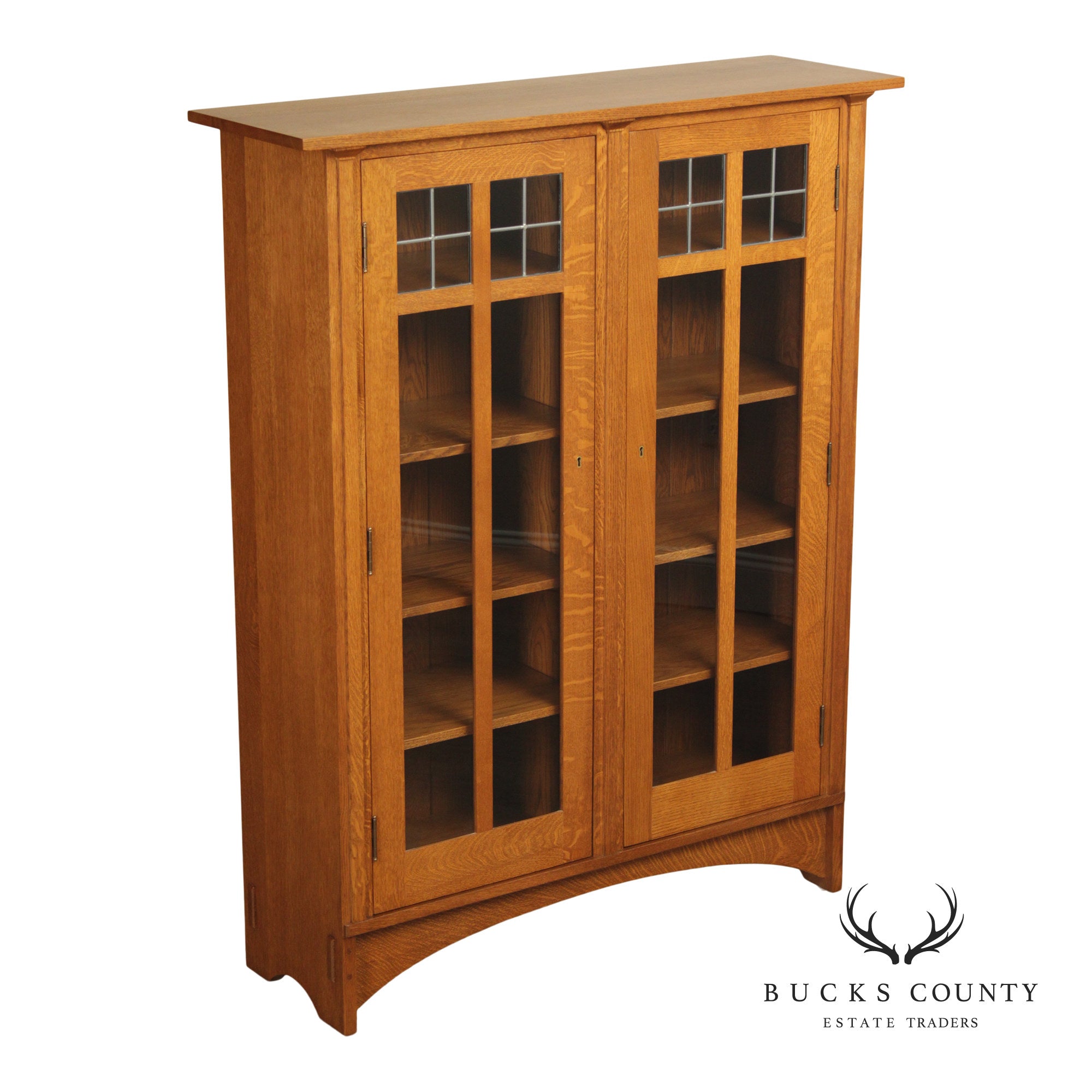 Stickley Mission Collection Oak Two Door Leaded Glass Bookcase or Display Cabinet