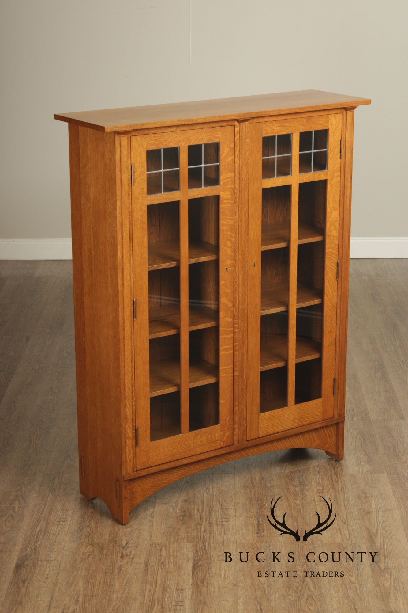 Stickley Mission Collection Oak Two Door Leaded Glass Bookcase or Display Cabinet