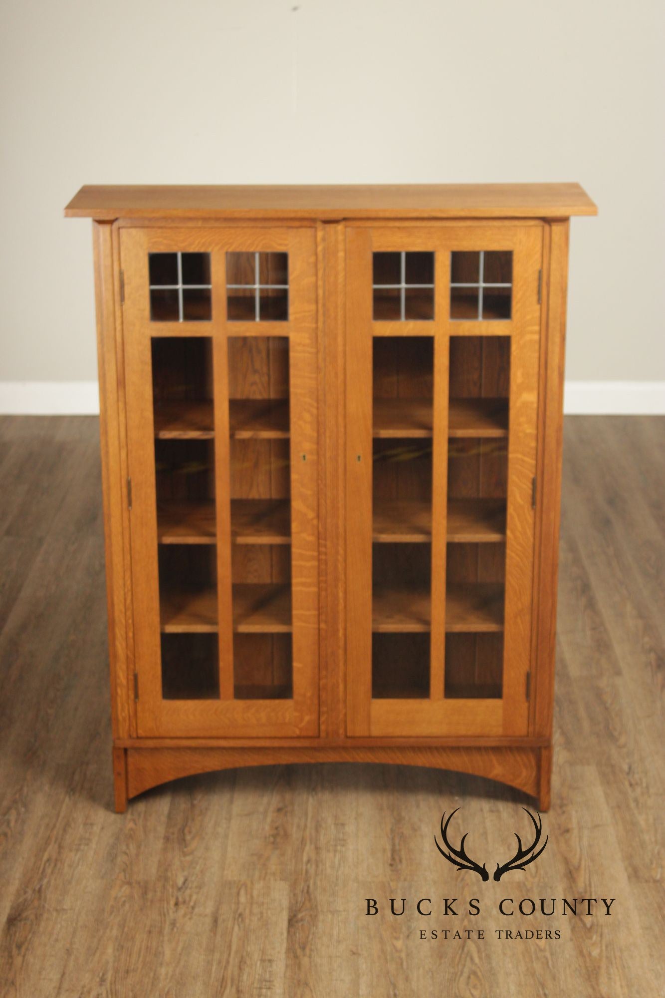 Stickley Mission Collection Oak Two Door Leaded Glass Bookcase or Display Cabinet