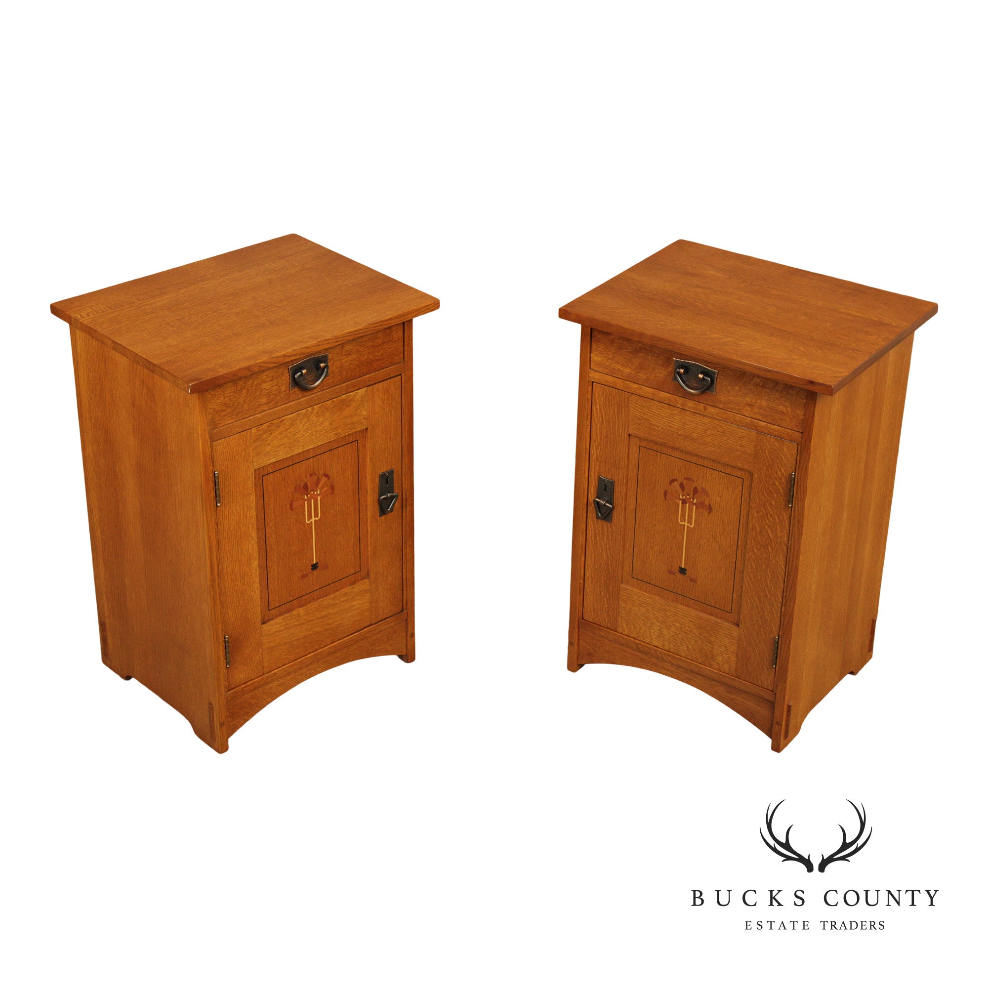 Stickley Mission Collection Pair Inlaid Oak Harvey Ellis Nightstands Bedside Cabinets