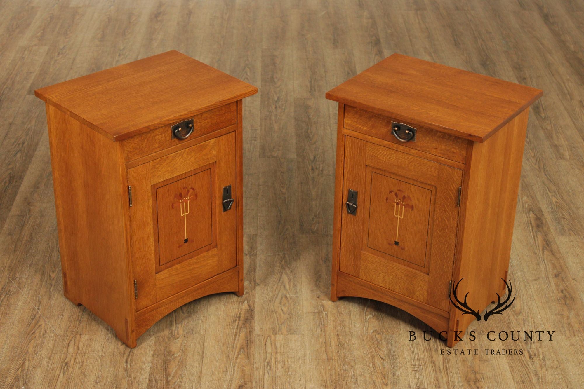 Stickley Mission Collection Pair Inlaid Oak Harvey Ellis Nightstands Bedside Cabinets