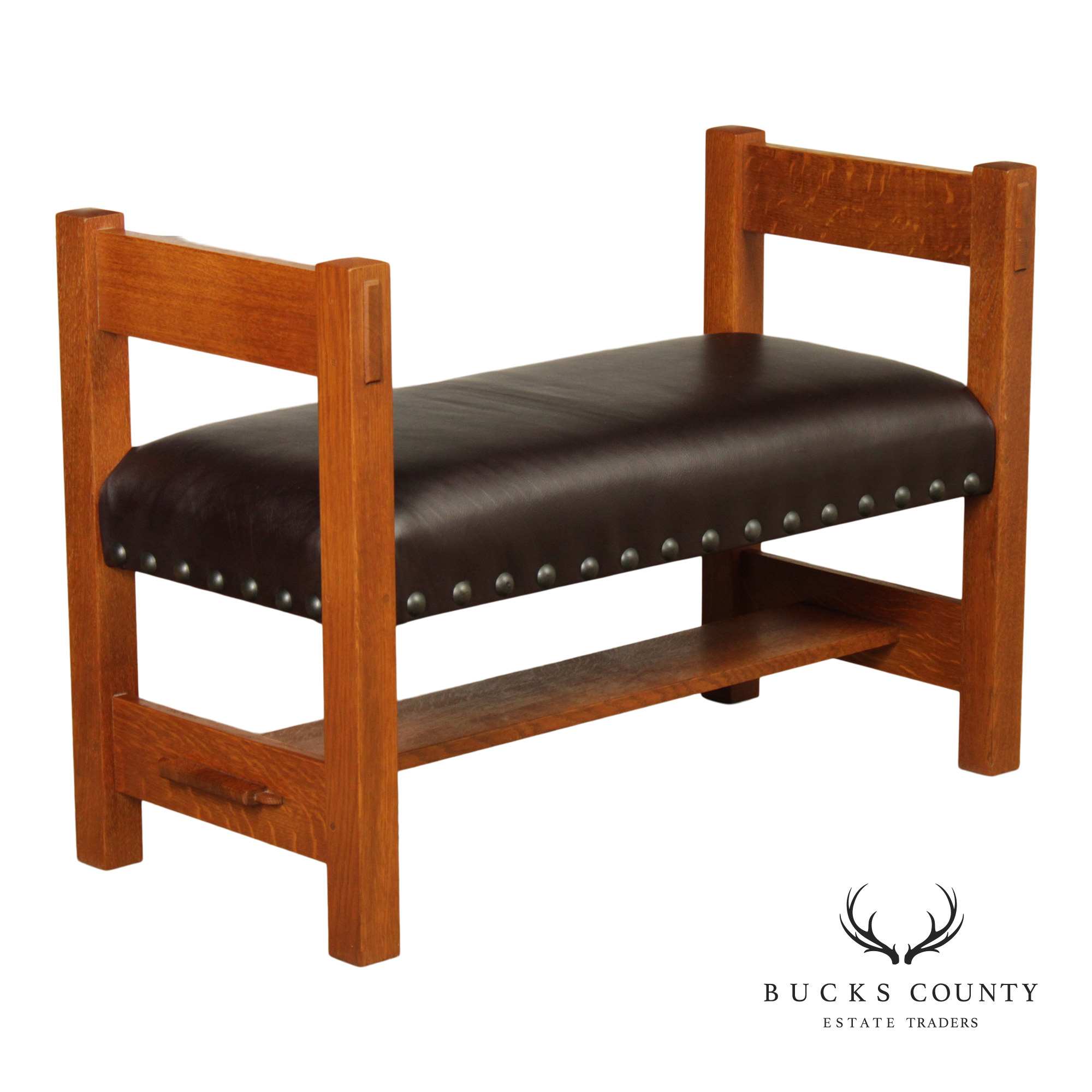 Stickley Mission Collection Oak and Leather Bench