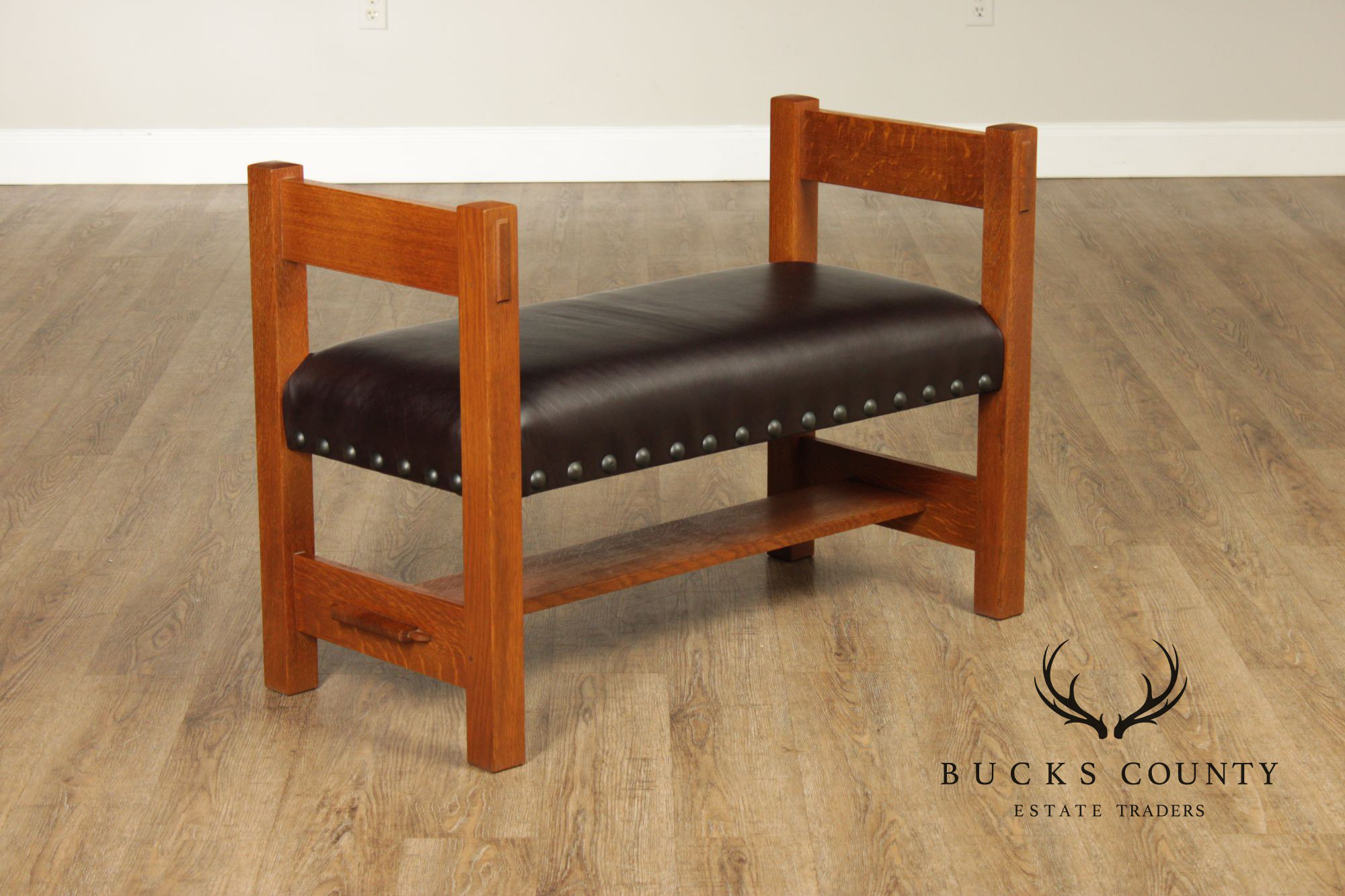 Stickley Mission Collection Oak and Leather Bench