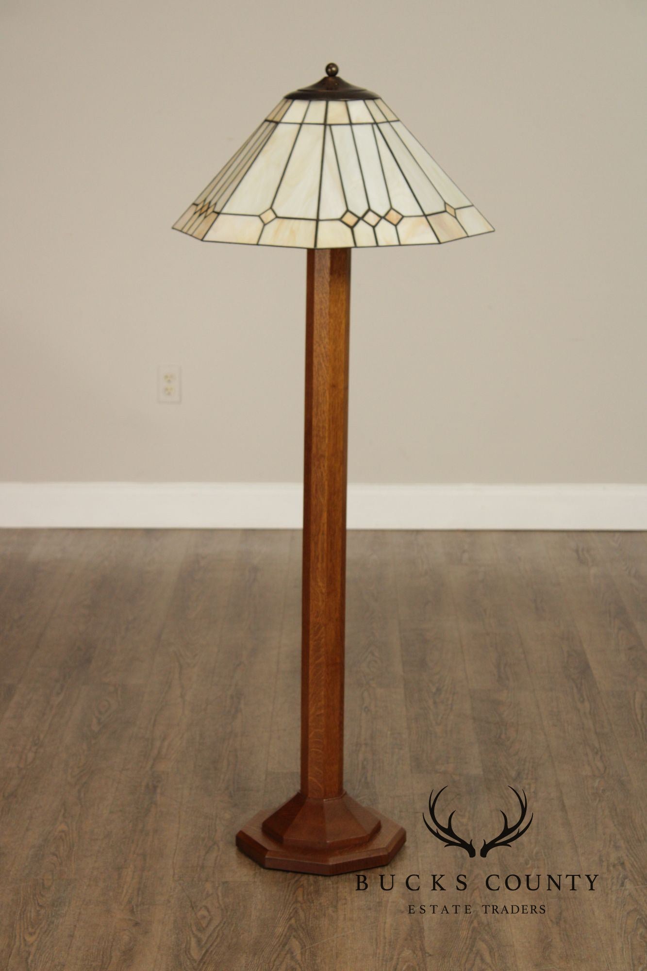 Stickley Mission Collection Oak and Leaded Glass Floor Lamp
