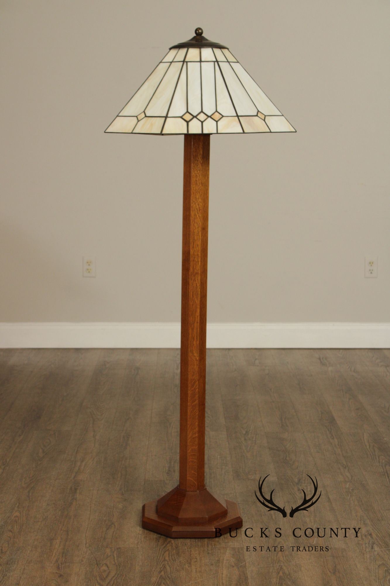 Stickley Mission Collection Oak and Leaded Glass Floor Lamp