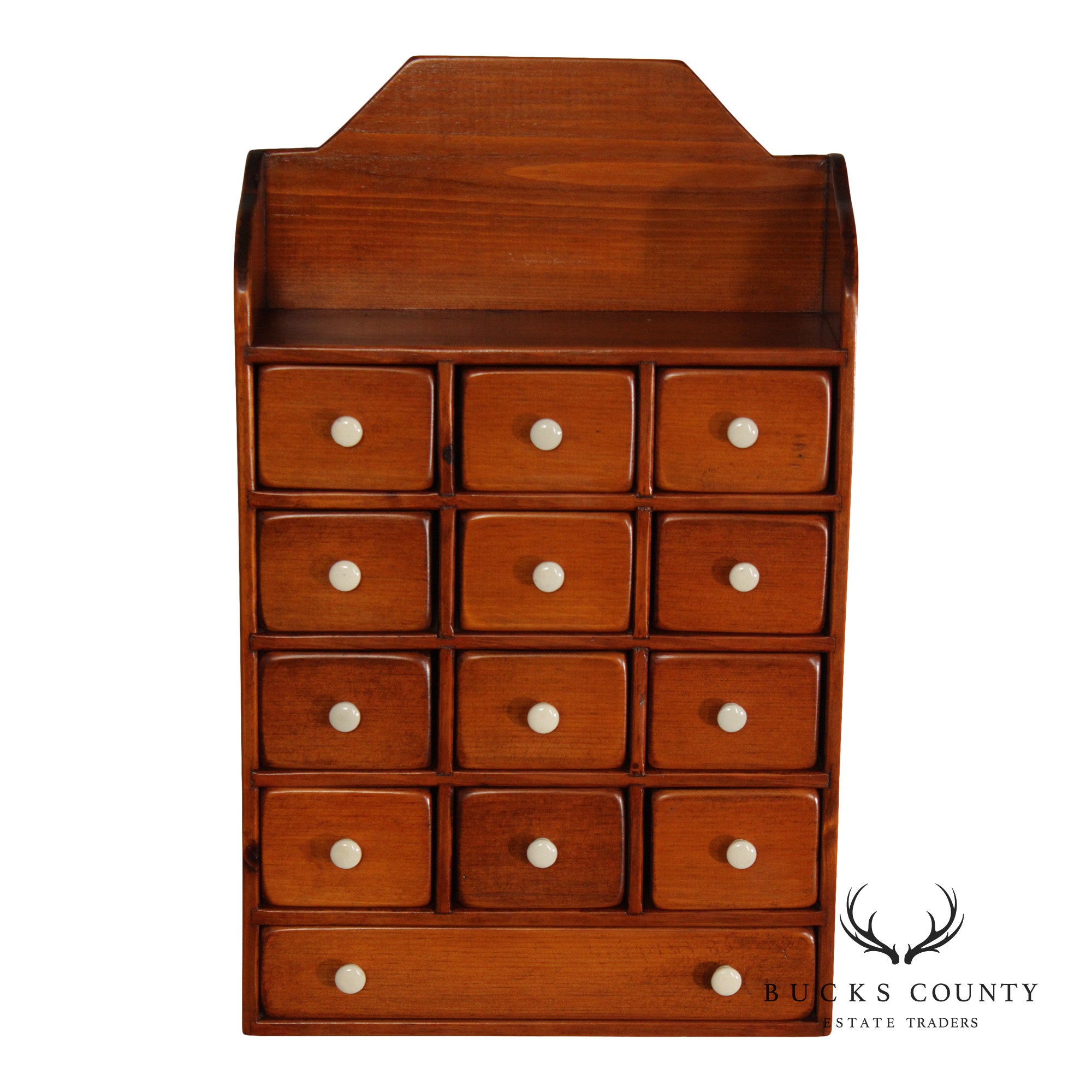 Country Pine Hanging Spice Cabinet With Drawers And White Knobs