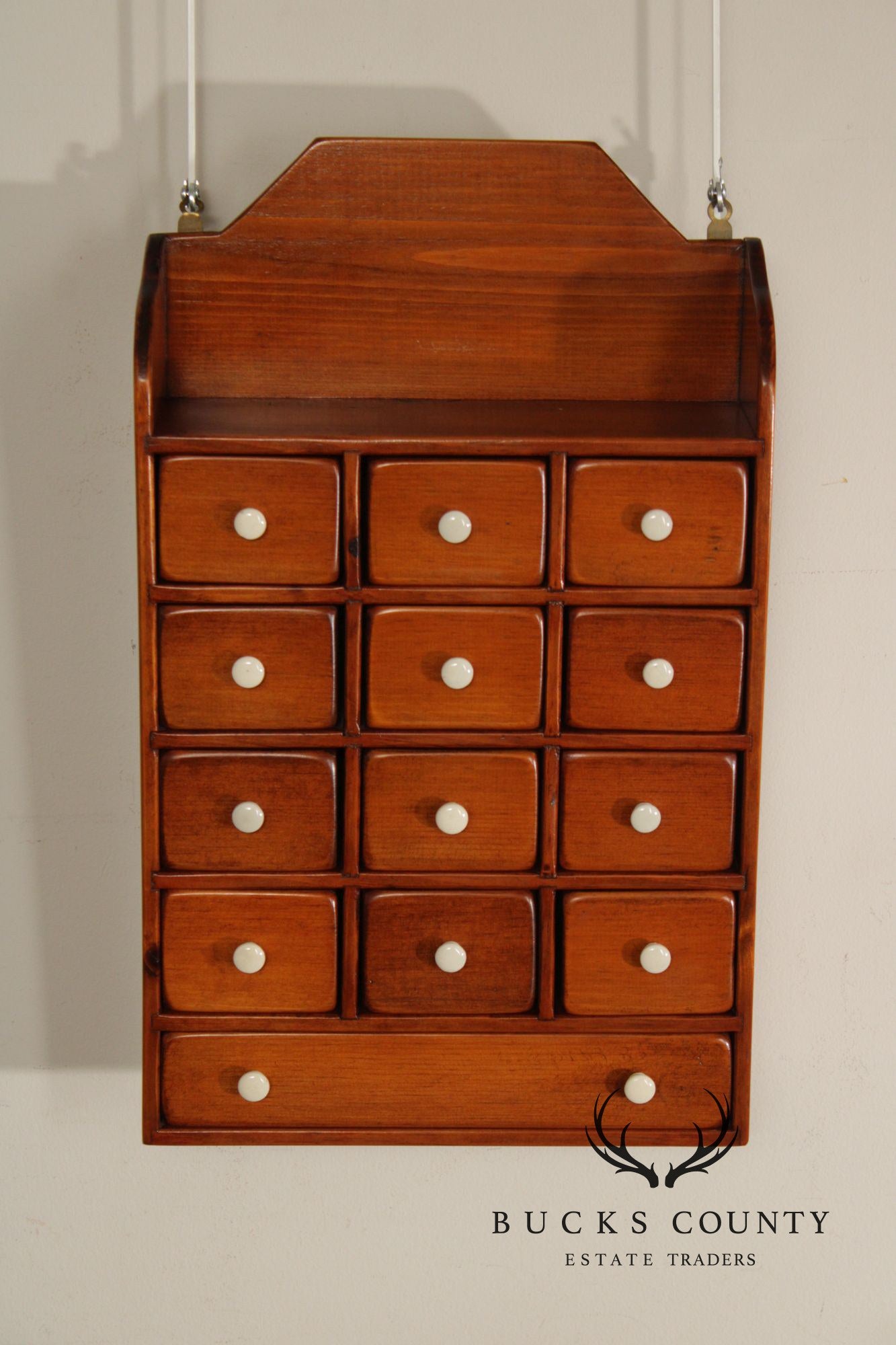 Country Pine Hanging Spice Cabinet With Drawers And White Knobs